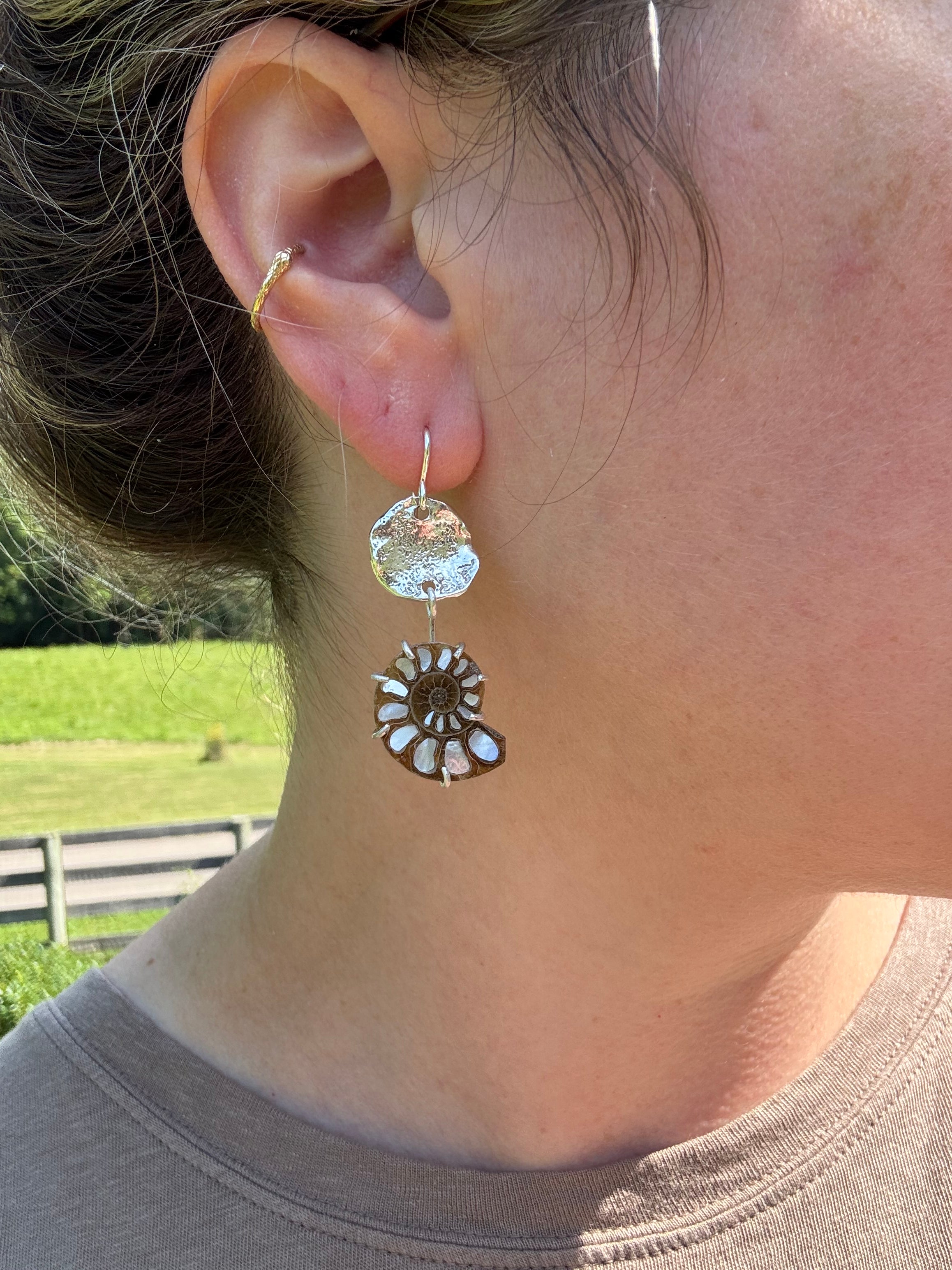 ammonite earrings with mother of pearl and fine silver