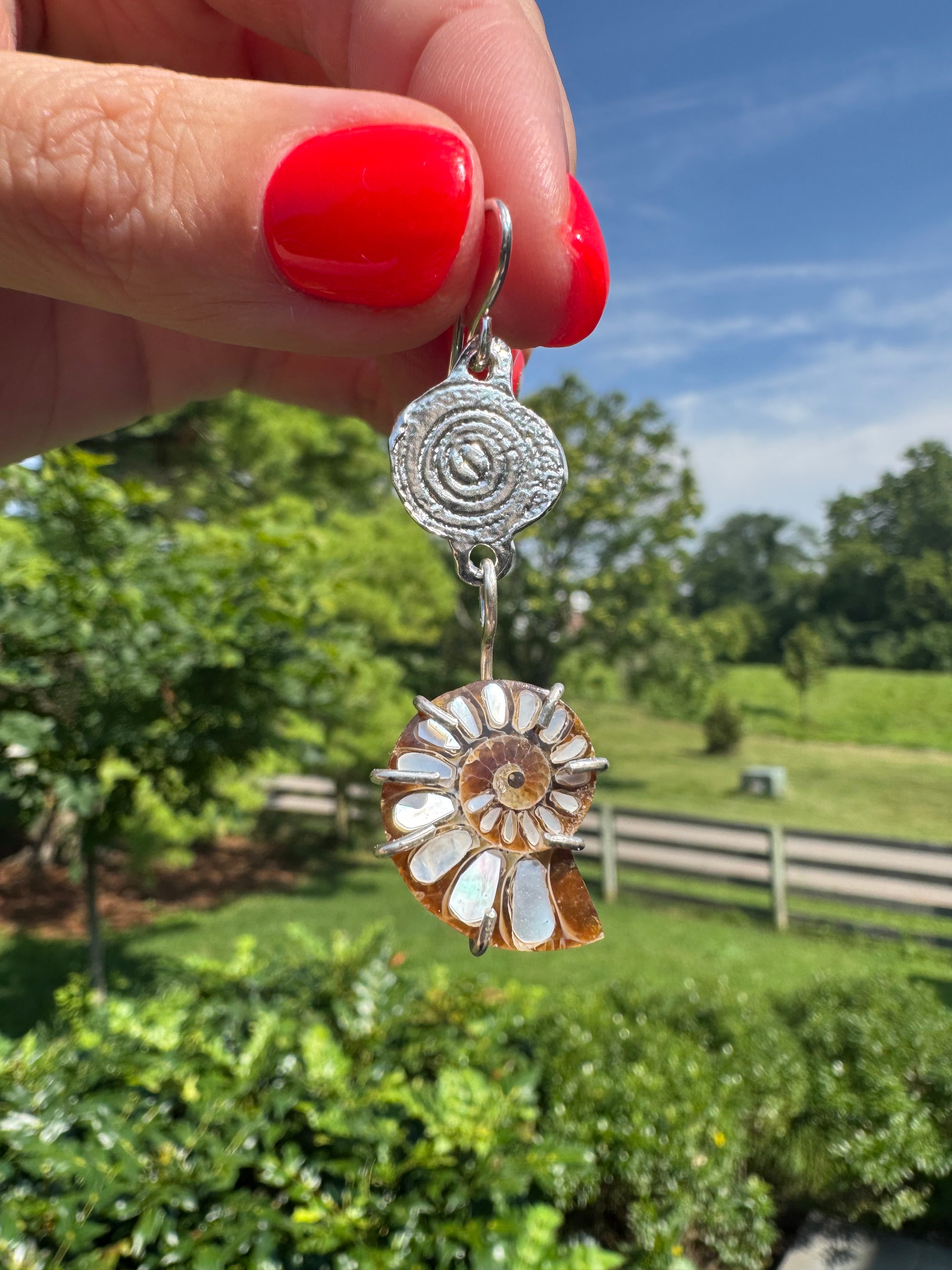 ammonite earrings with mother of pearl and fine silver