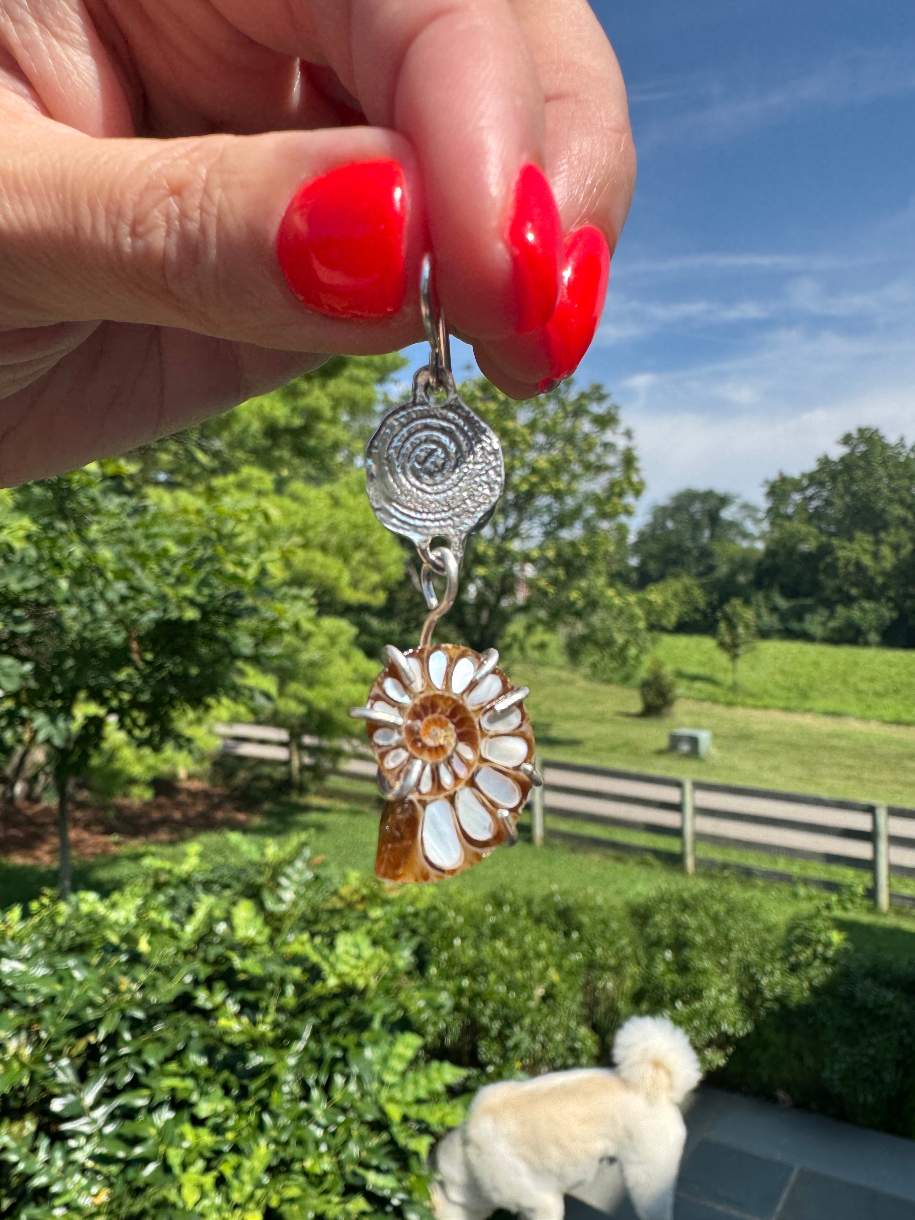 ammonite earrings with mother of pearl and fine silver