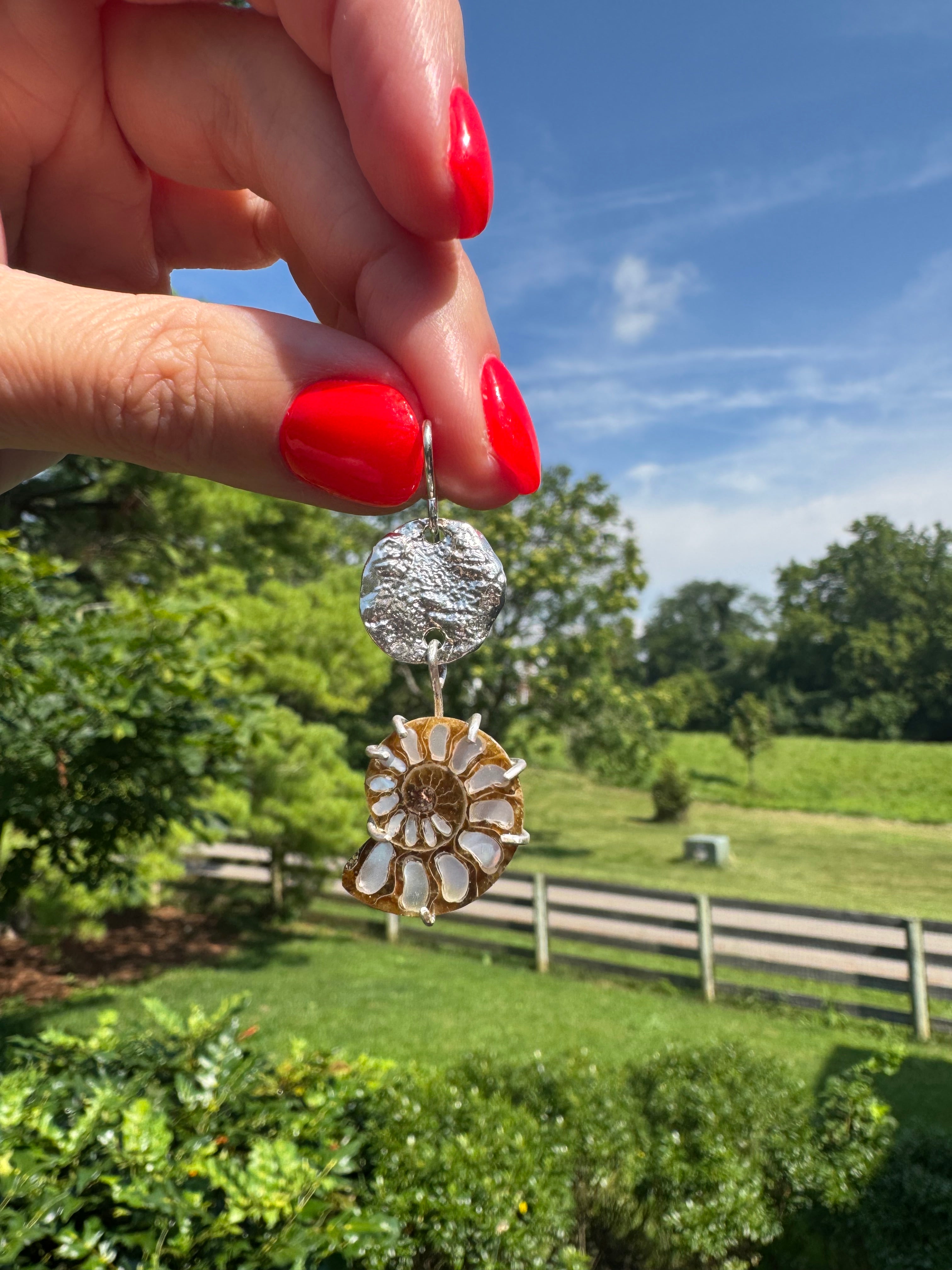 ammonite earrings with mother of pearl and fine silver