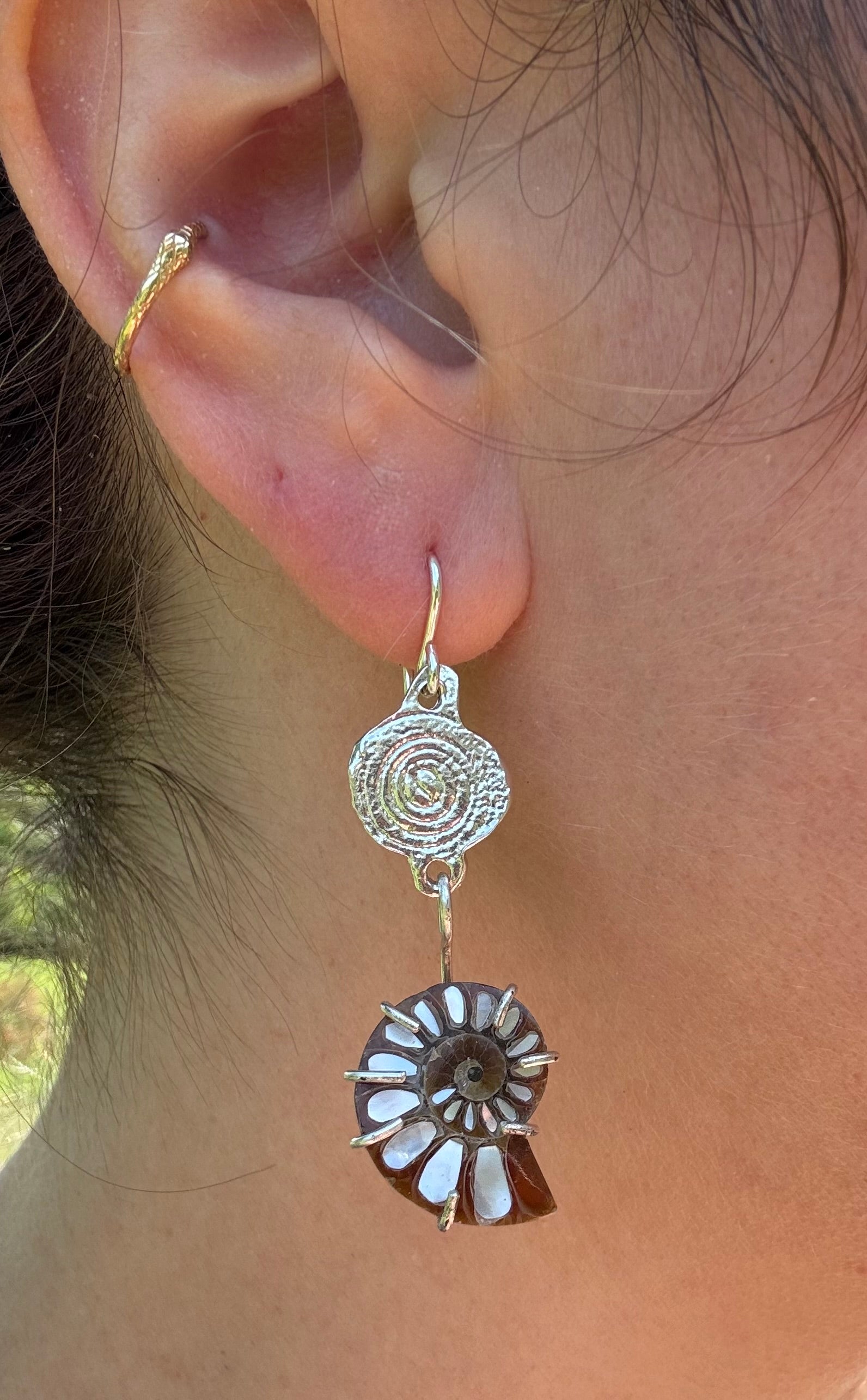ammonite earrings with mother of pearl and fine silver