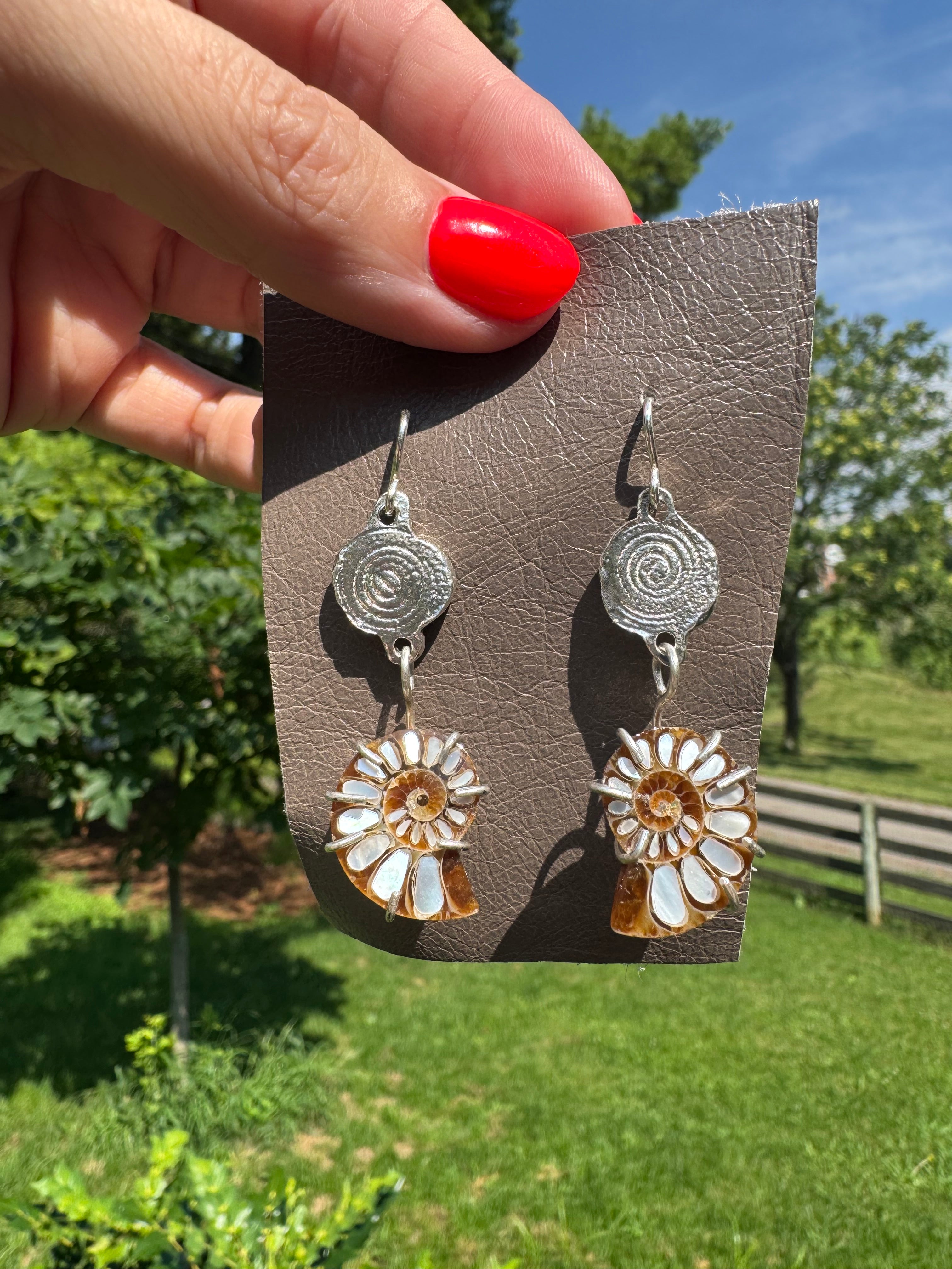 ammonite earrings with mother of pearl and fine silver