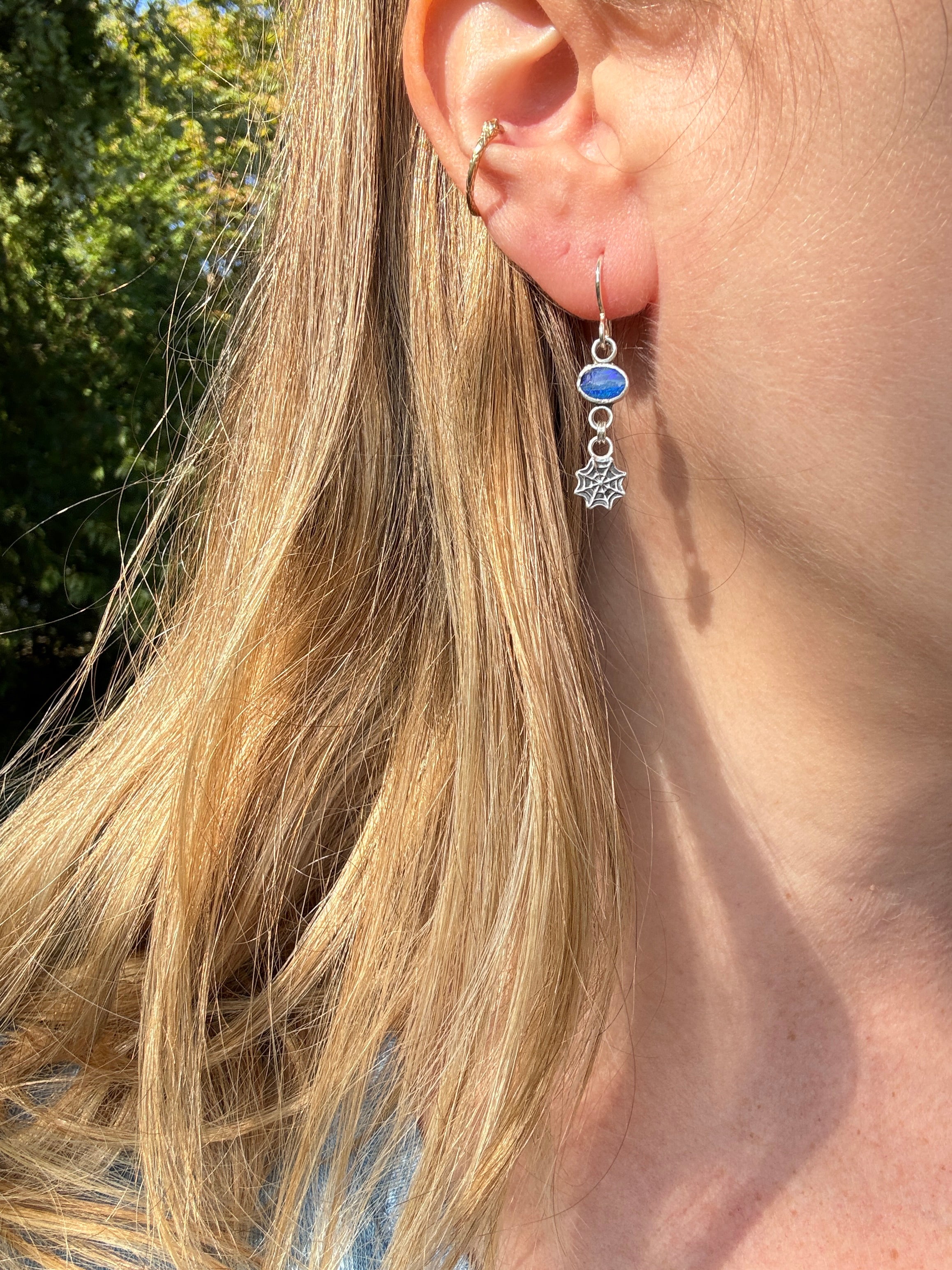 Sterling silver spider web earrings with opal doublets. Halloween jewelry
