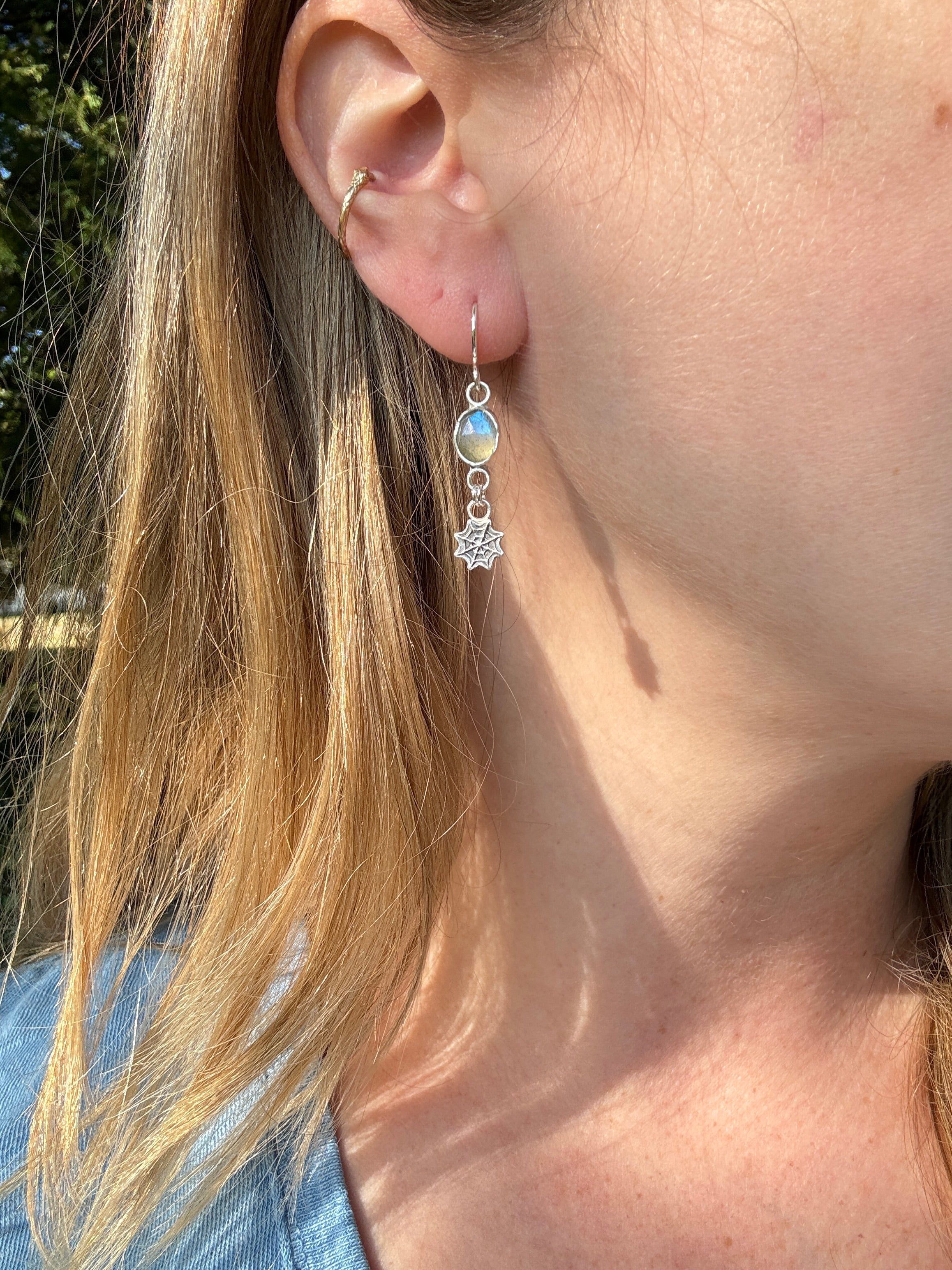 Sterling silver spider web earrings with labradorite. Halloween jewelry