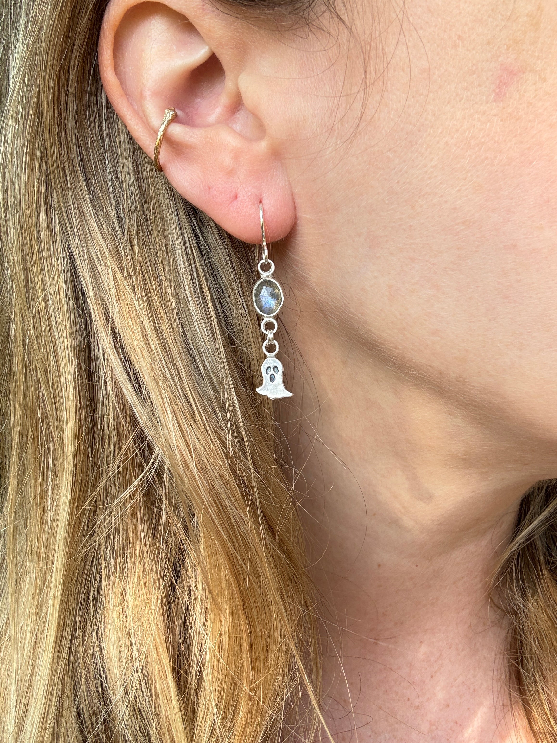 Sterling silver ghost earrings with labradorite. Halloween jewelry