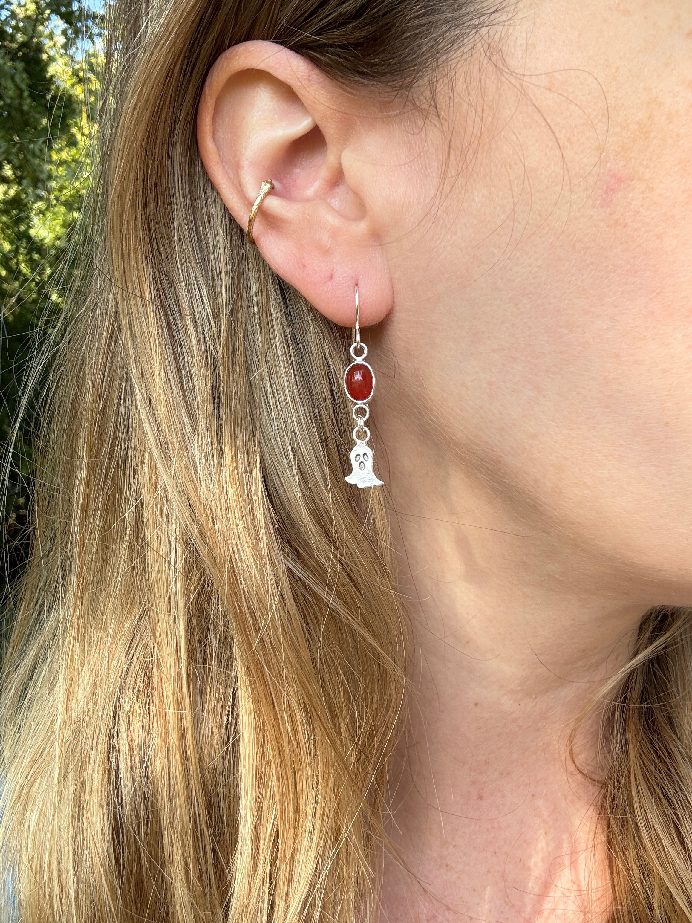 sterling silver ghost earrings with carnelian. Halloween jewelry