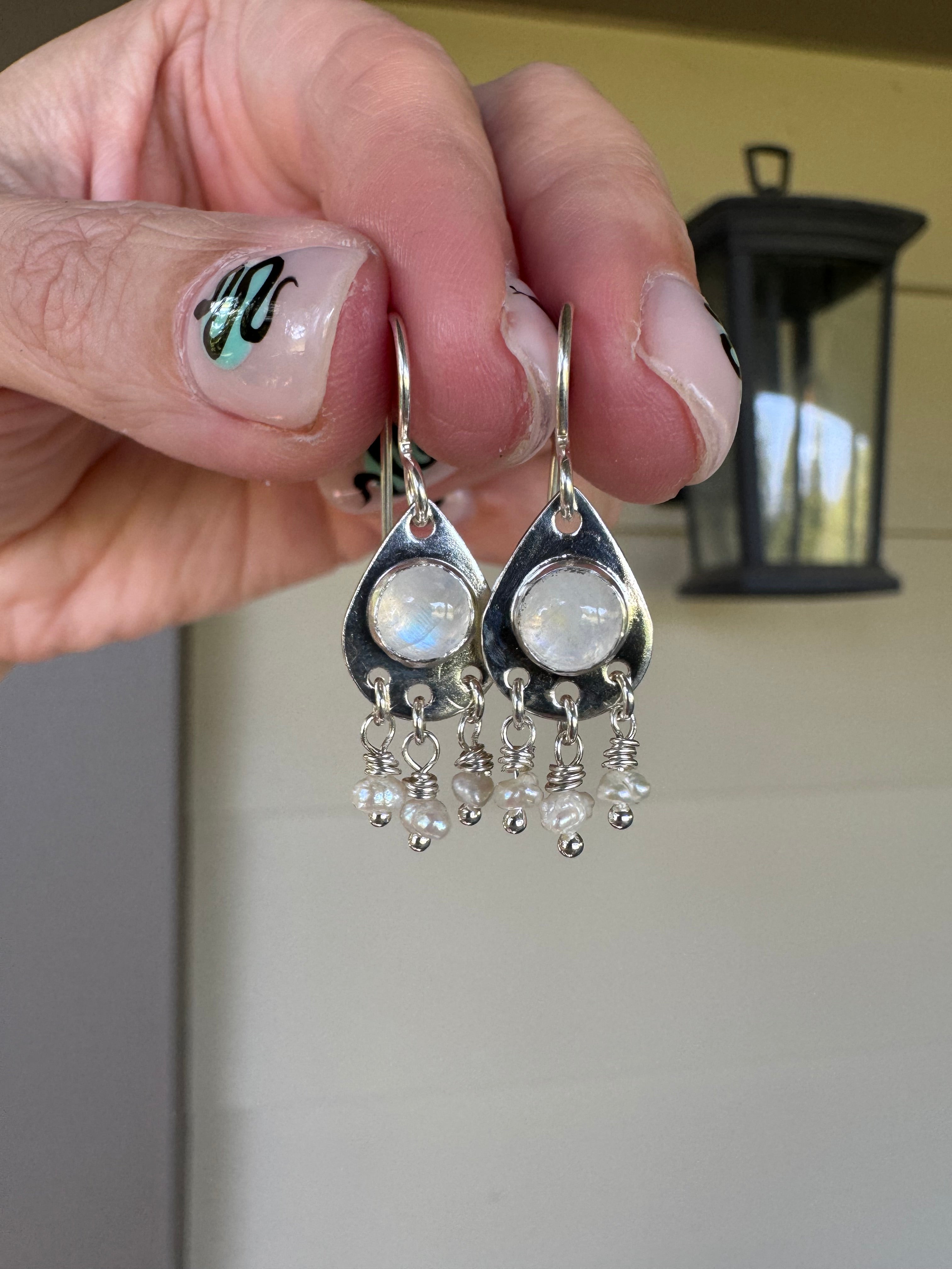rainbow moonstone and pearls sterling silver teardrop earrings
