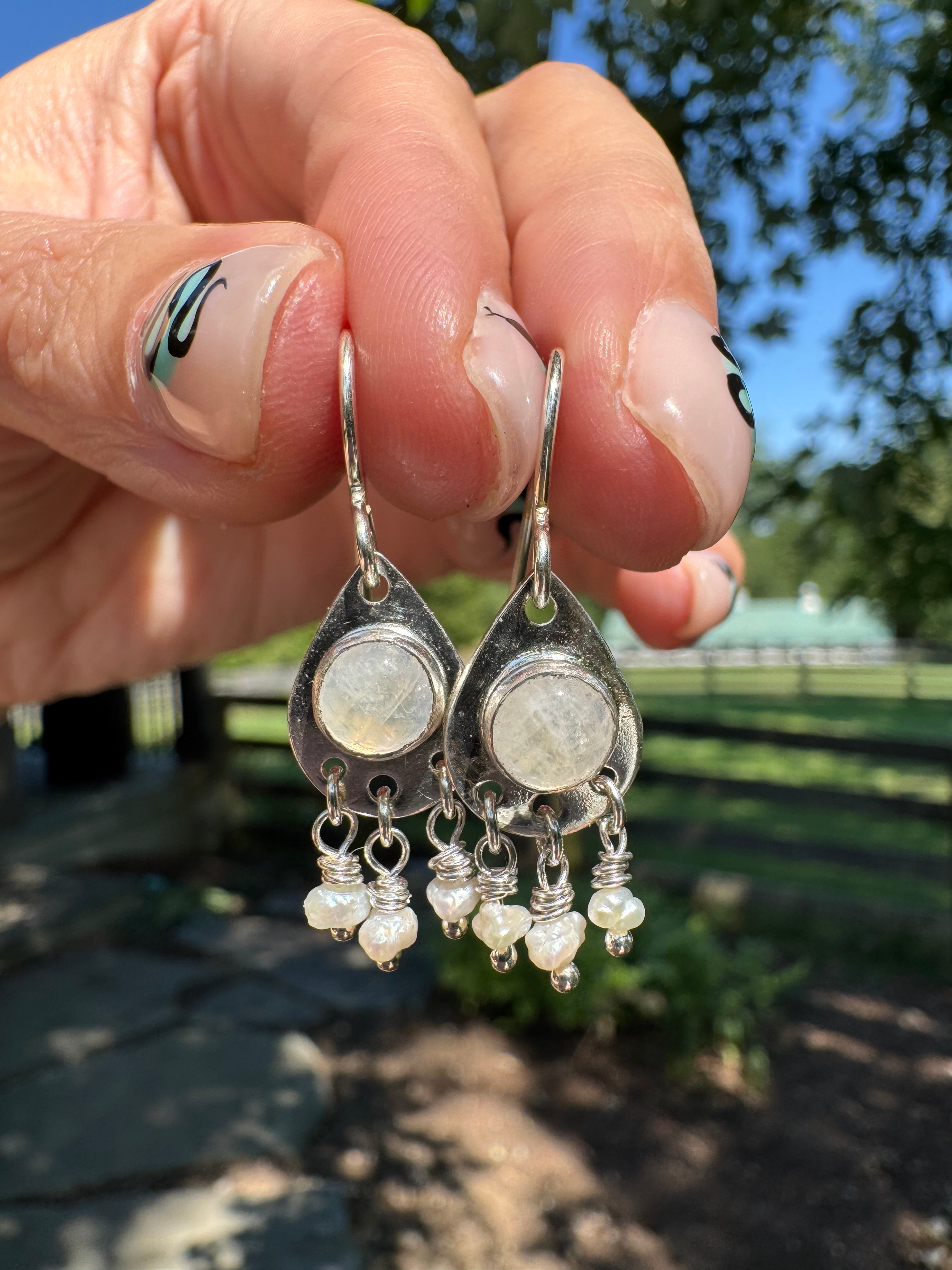rainbow moonstone and pearls sterling silver teardrop earrings