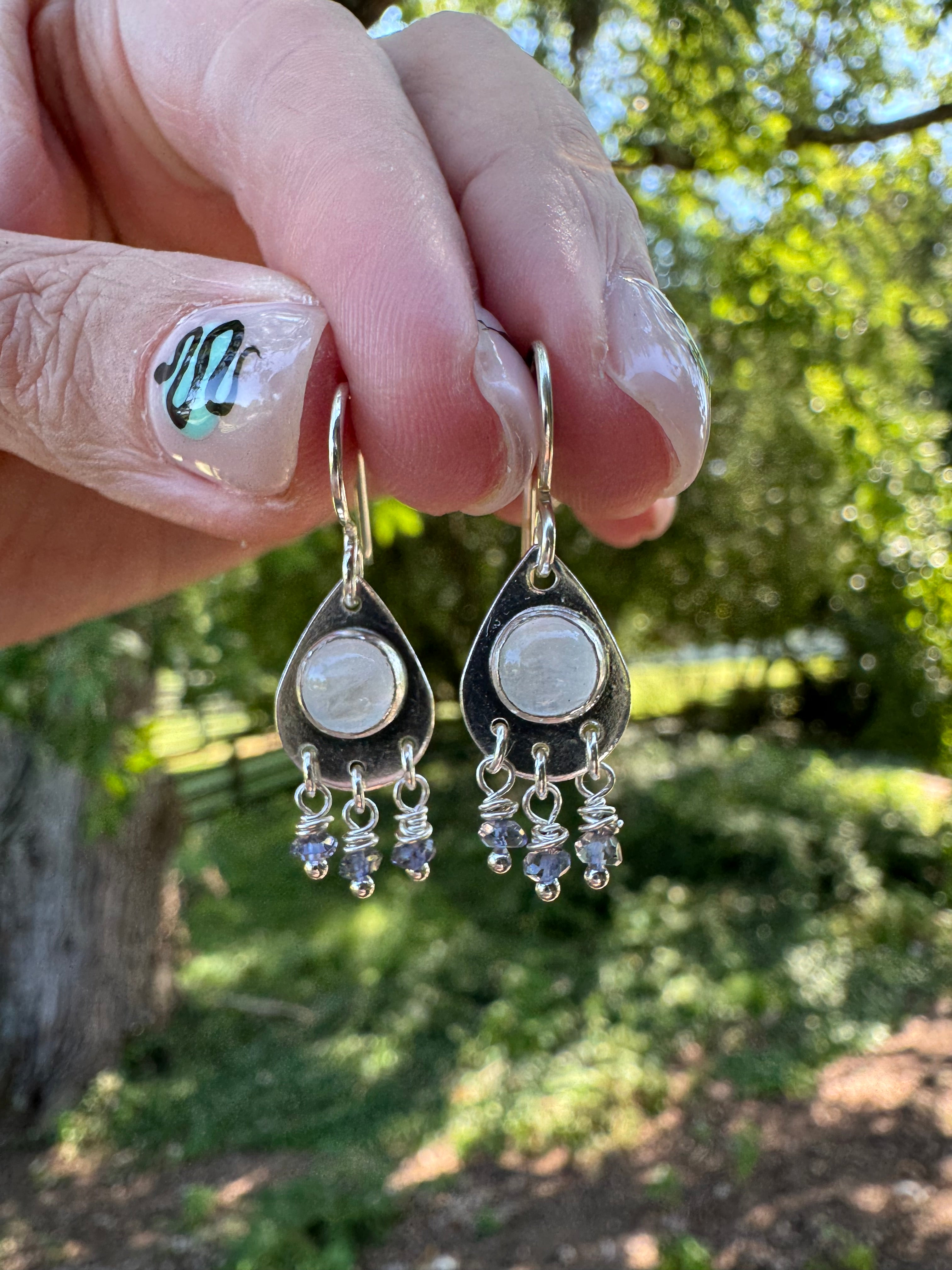 rainbow moonstone and blue sapphire sterling silver teardrop earrings