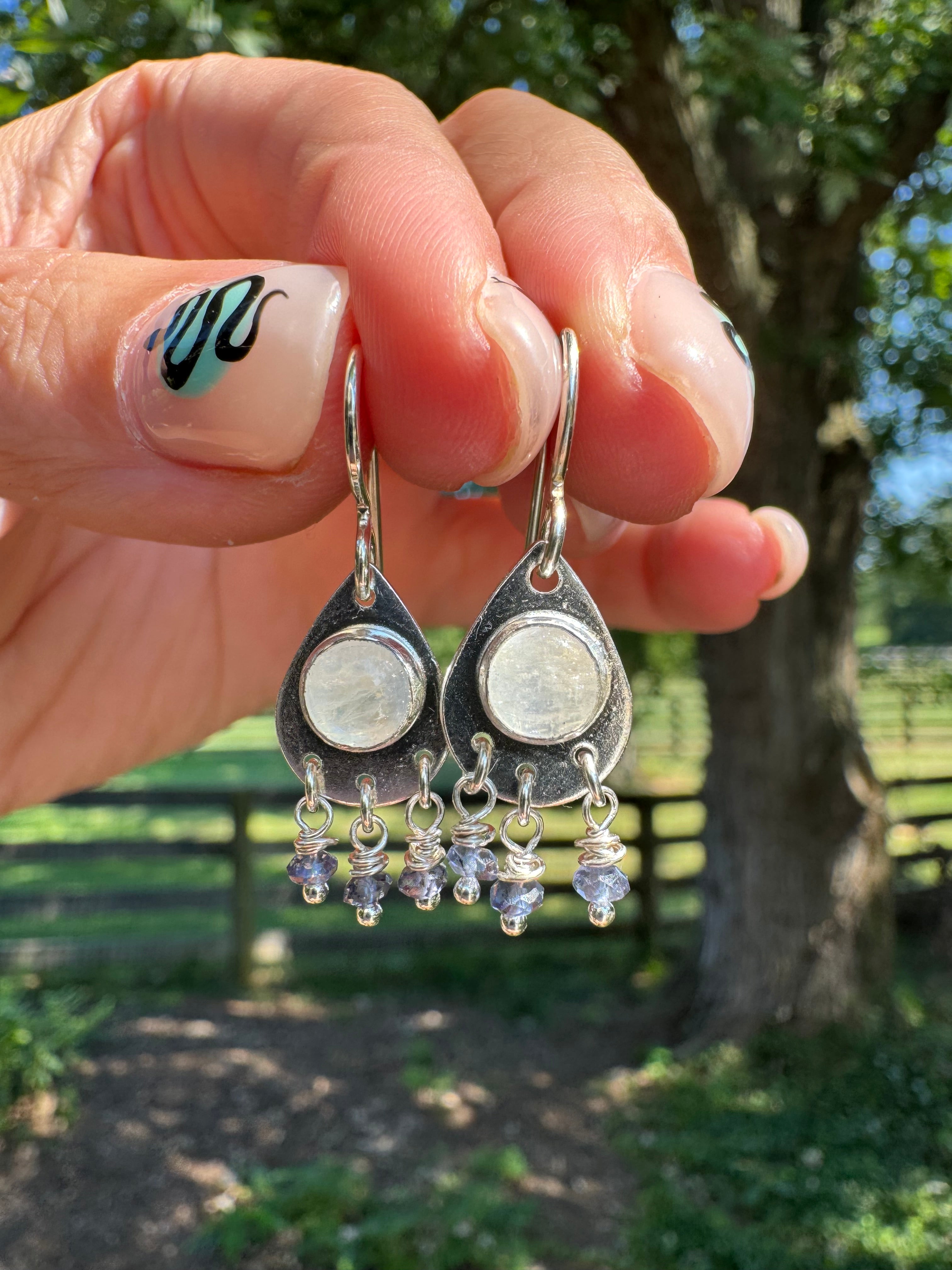 rainbow moonstone and blue sapphire sterling silver teardrop earrings