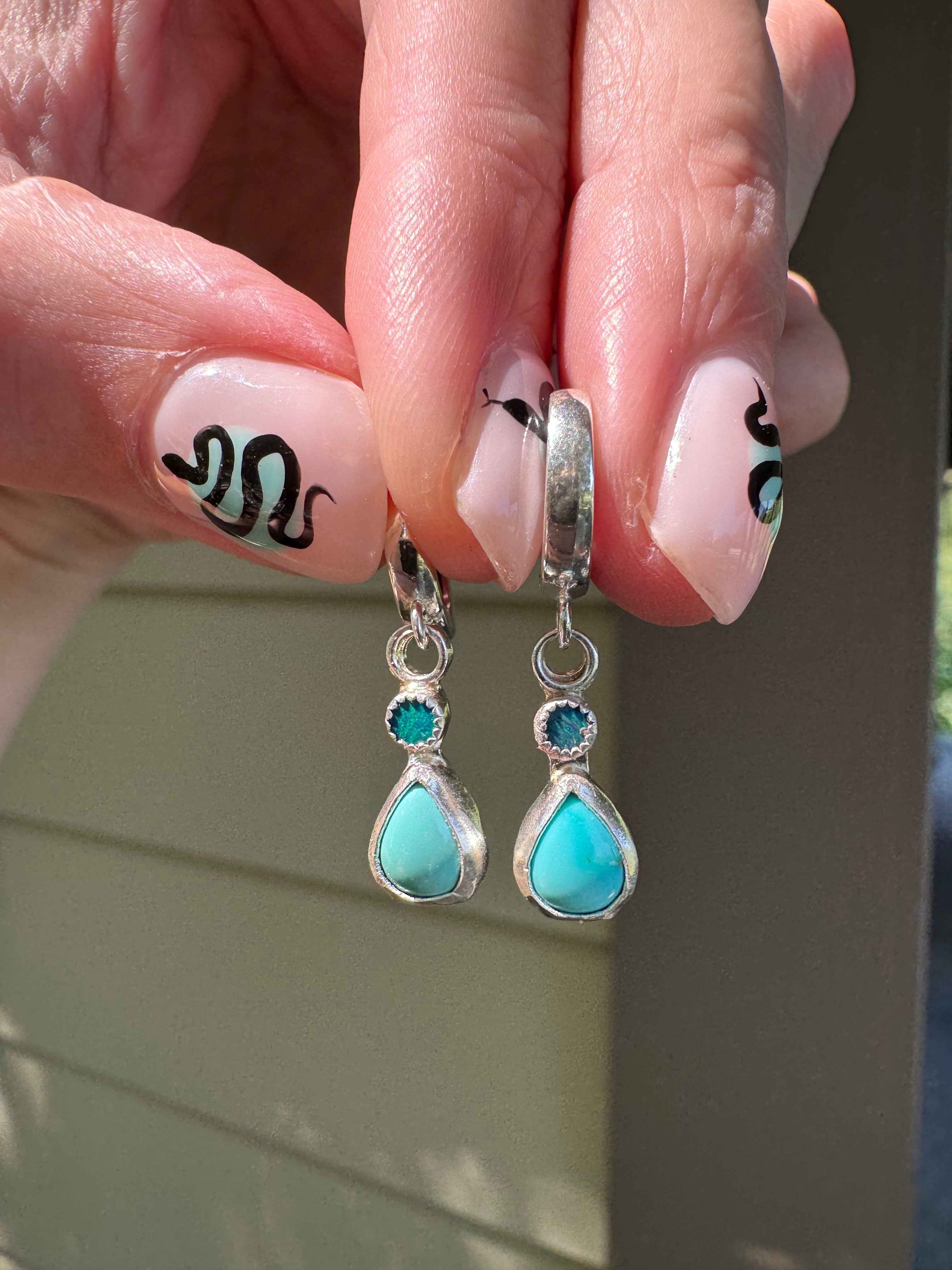 Sterling silver huggie hoops with turquoise and opal