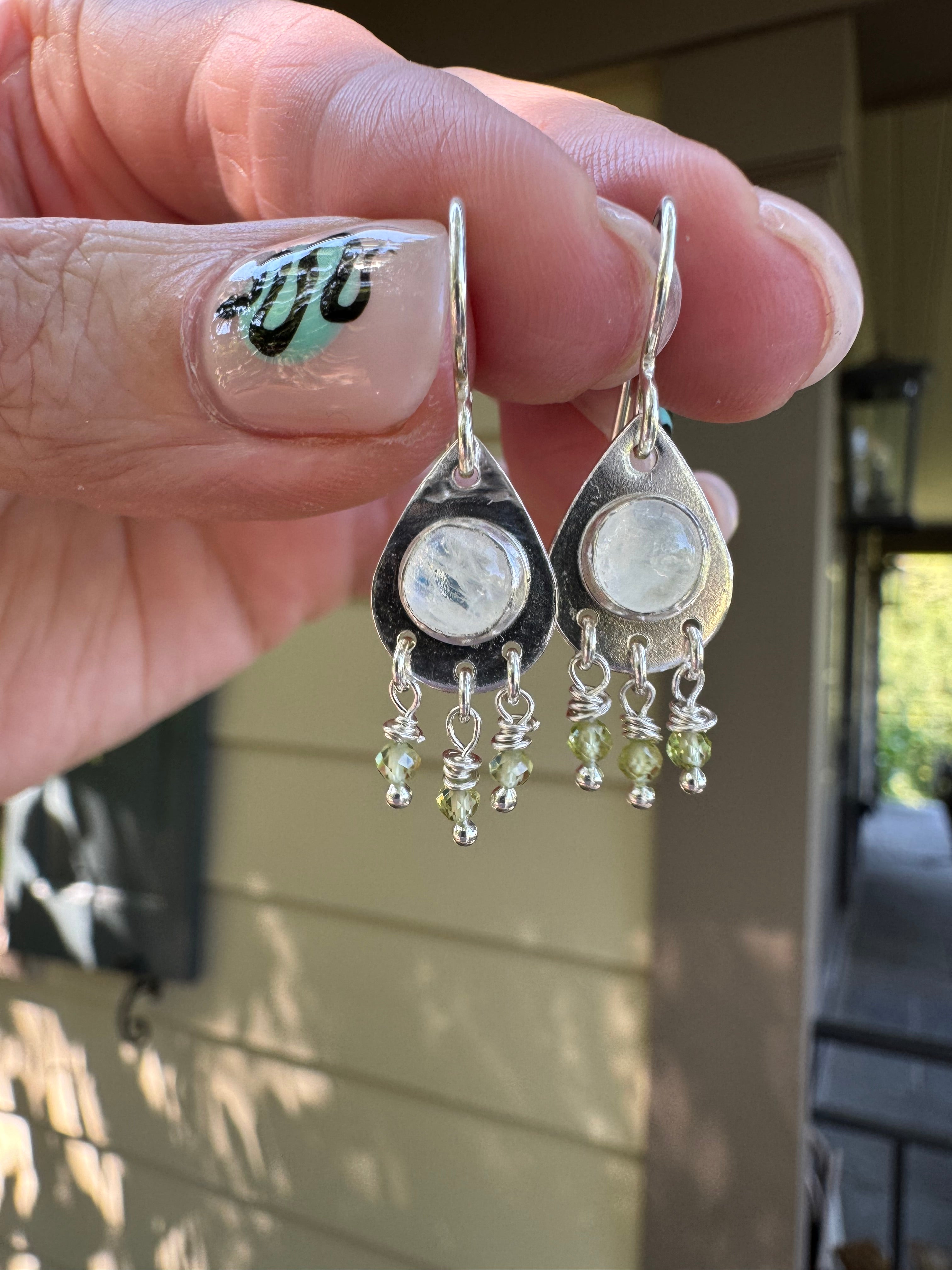 rainbow moonstone and peridot sterling silver teardrop earrings