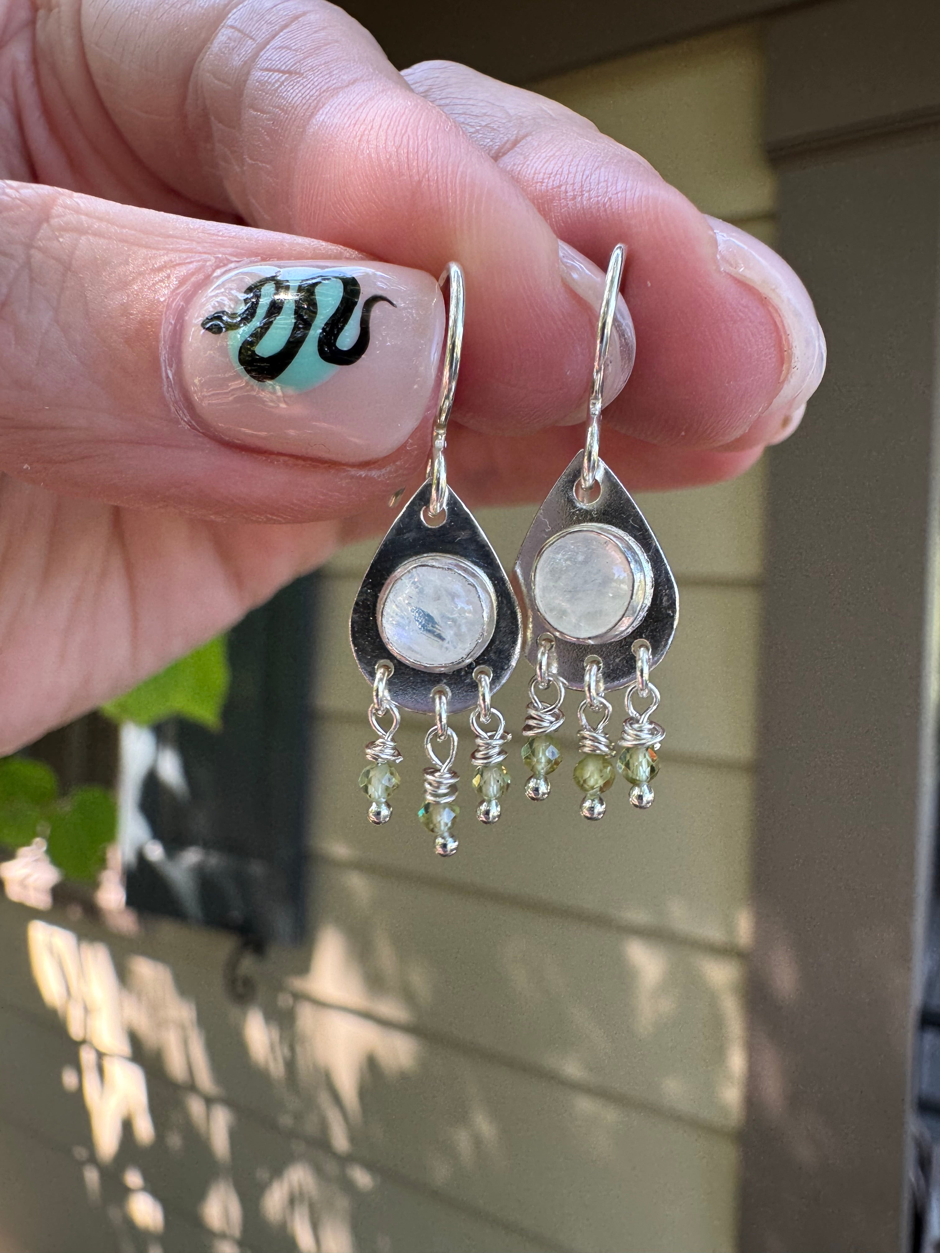 rainbow moonstone and peridot sterling silver teardrop earrings