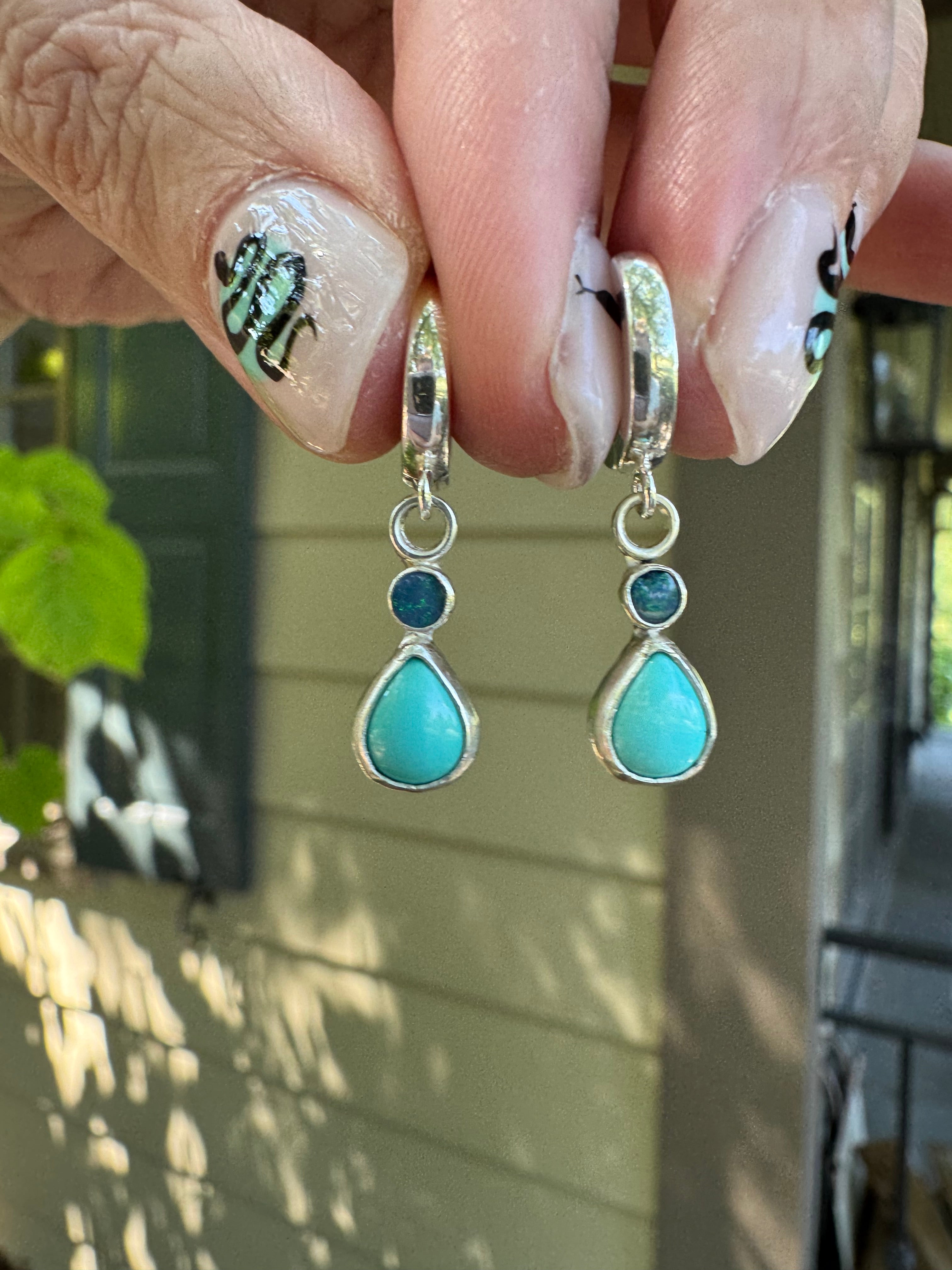 Sterling silver huggie hoops with turquoise and opal