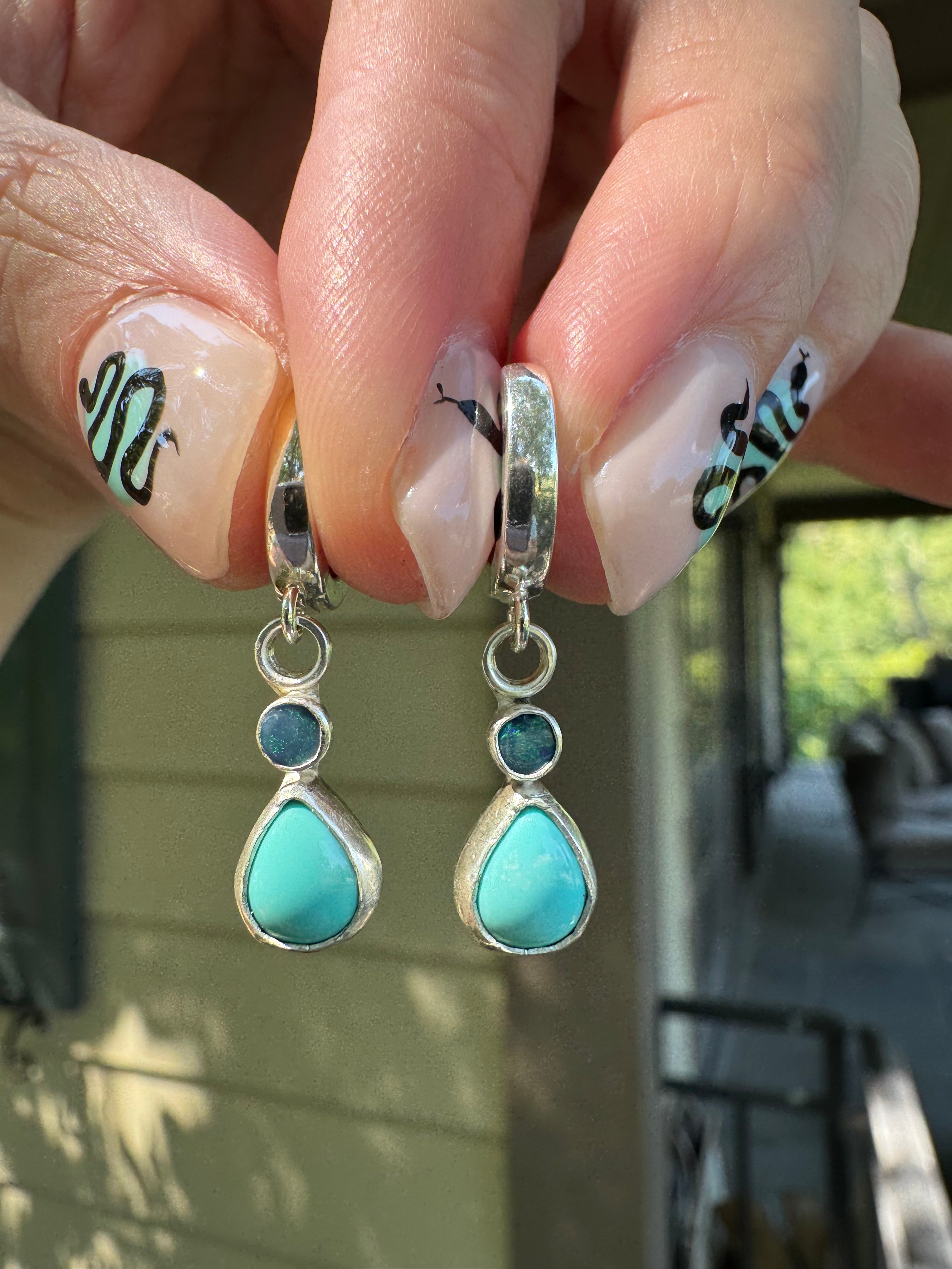 Sterling silver huggie hoops with turquoise and opal