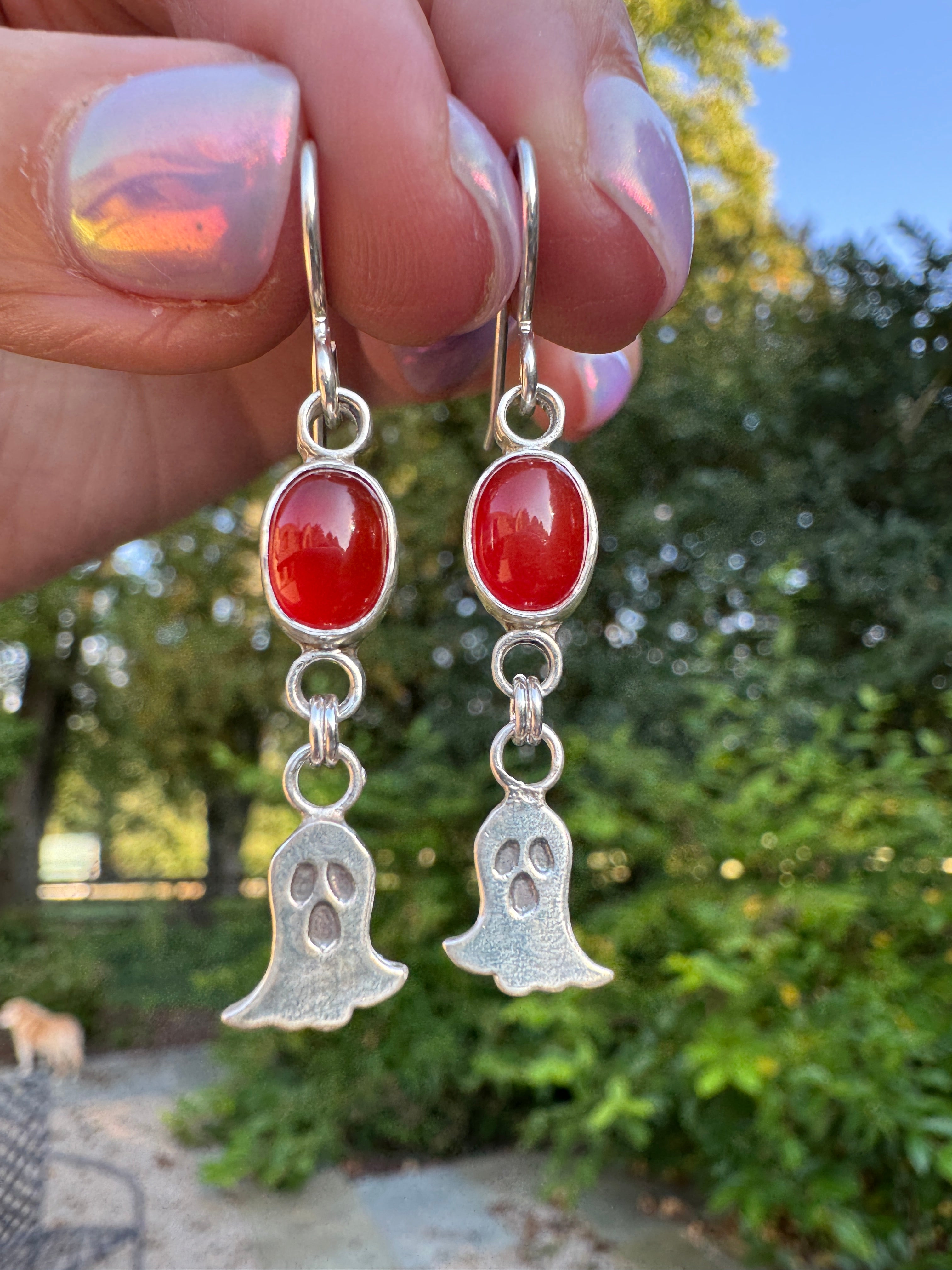 sterling silver ghost earrings with carnelian. Halloween jewelry