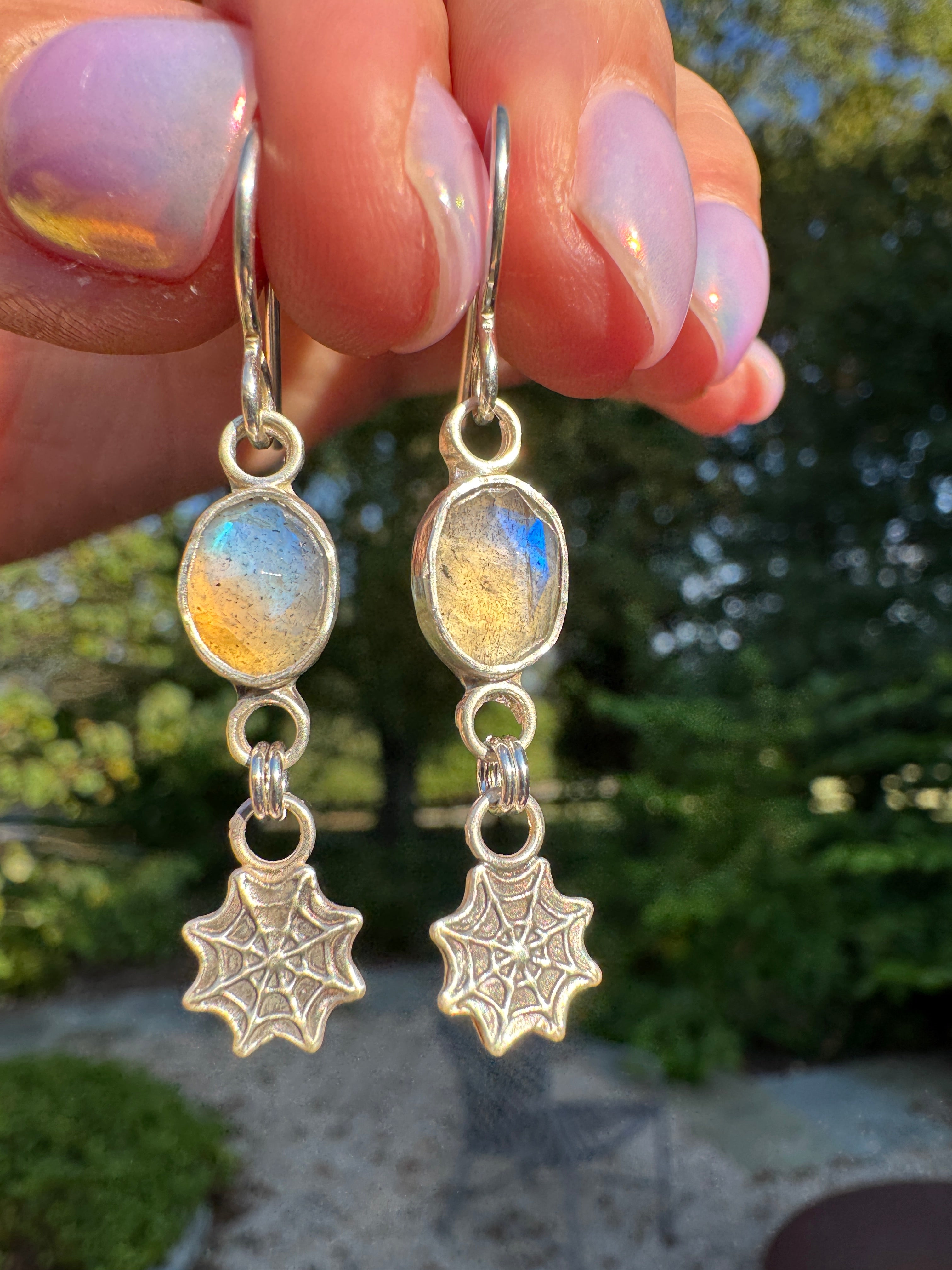 Sterling silver spider web earrings with labradorite. Halloween jewelry