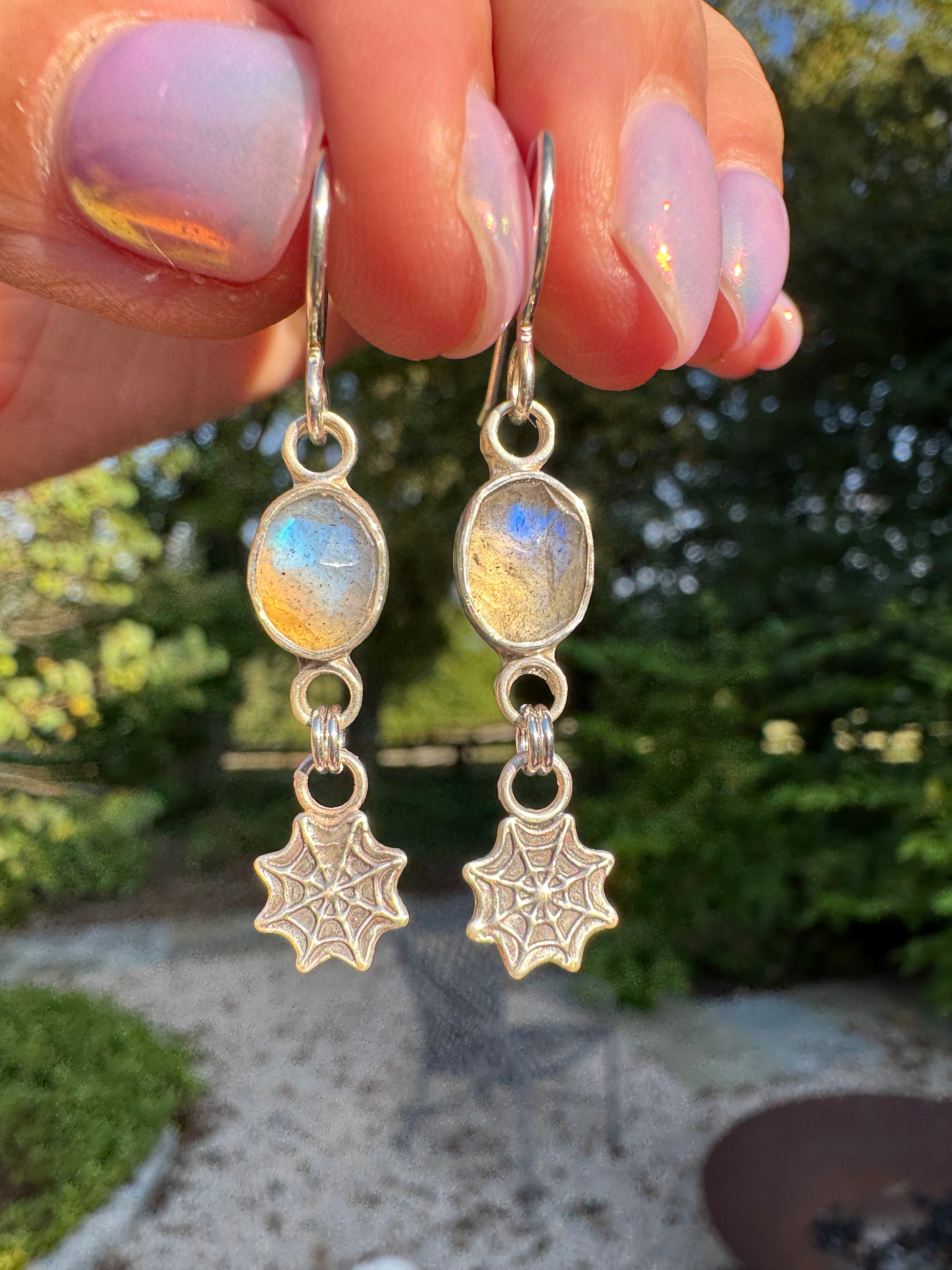Sterling silver spider web earrings with labradorite. Halloween jewelry