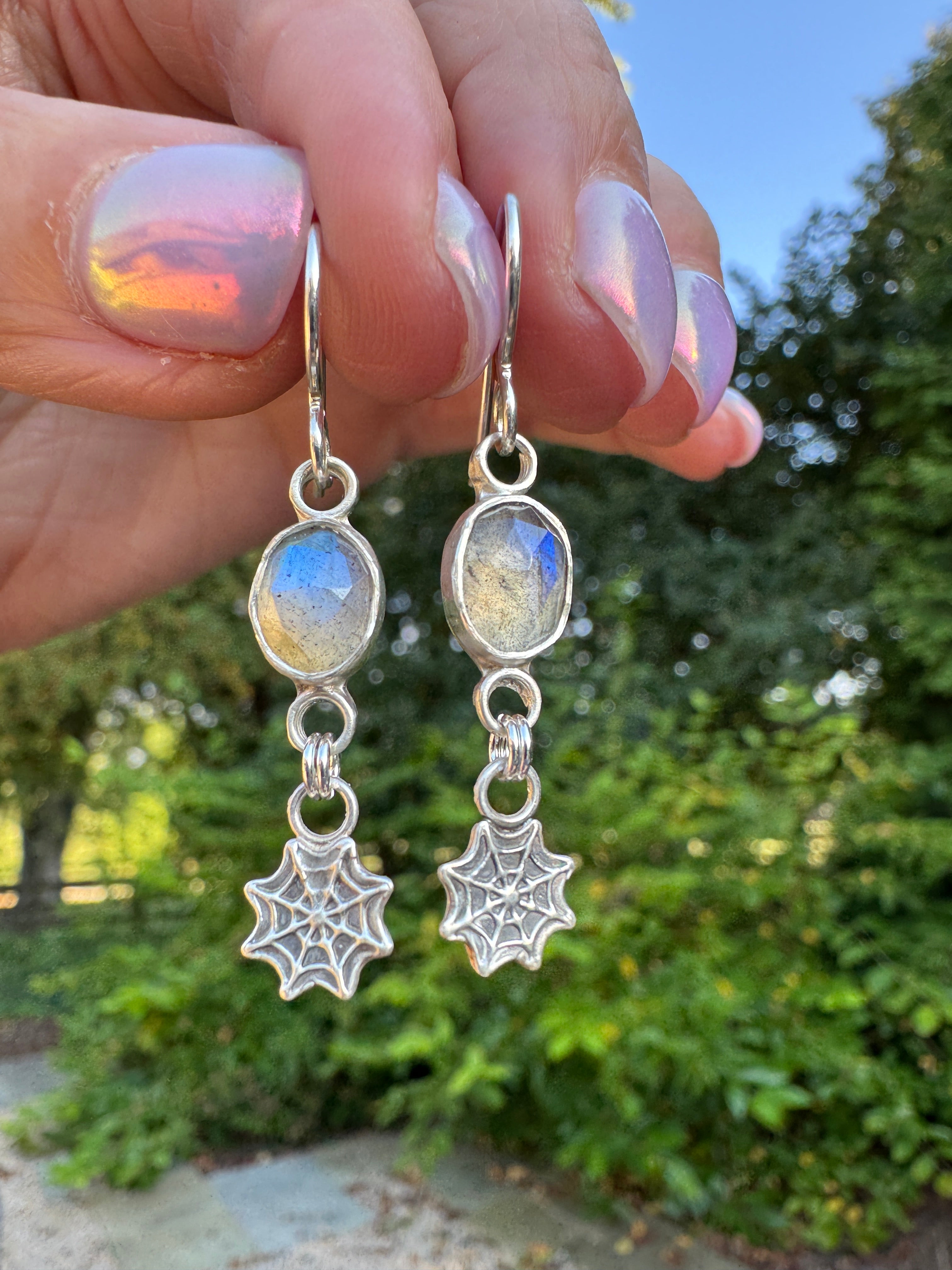 Sterling silver spider web earrings with labradorite. Halloween jewelry