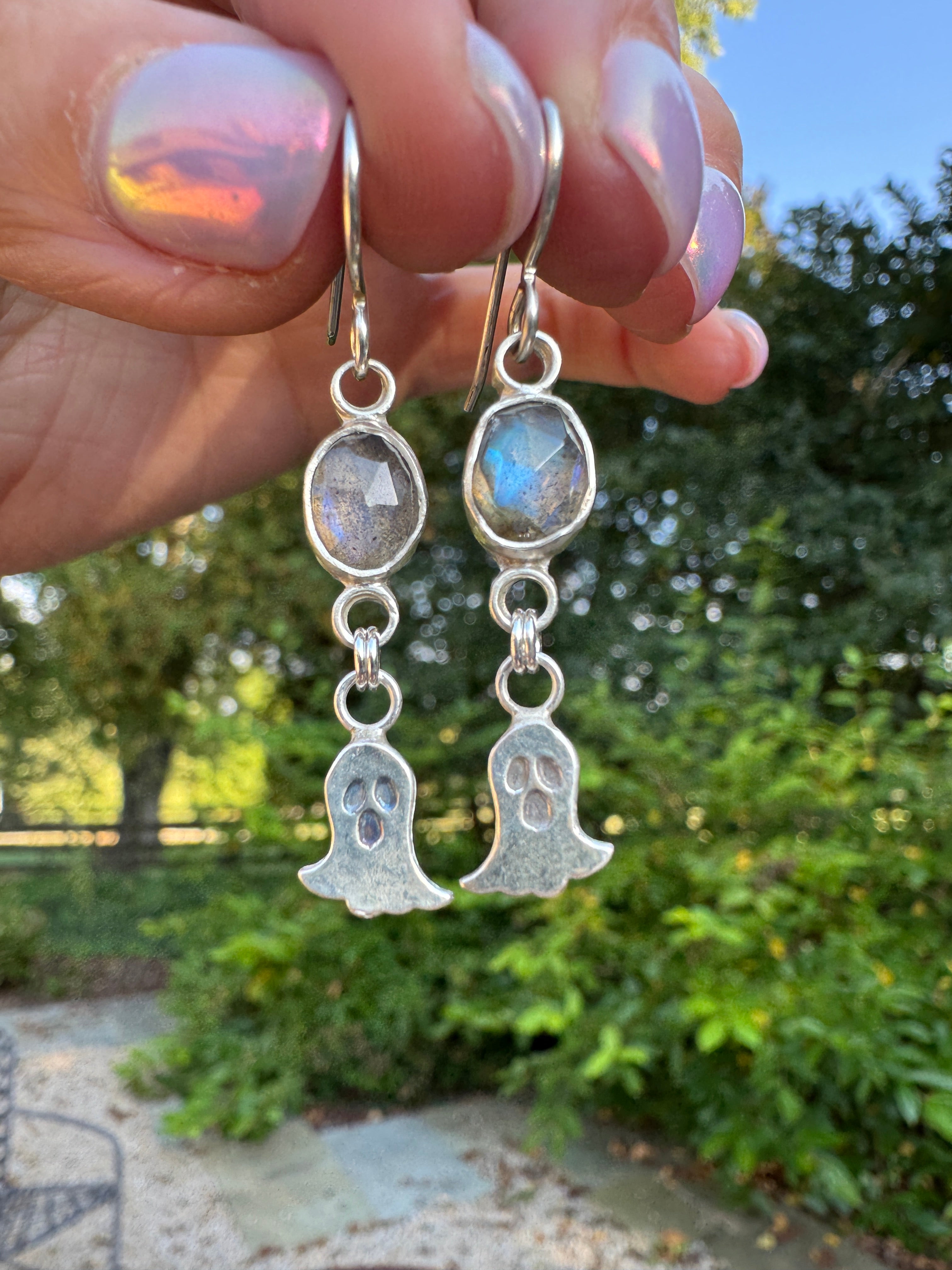 Sterling silver ghost earrings with labradorite. Halloween jewelry