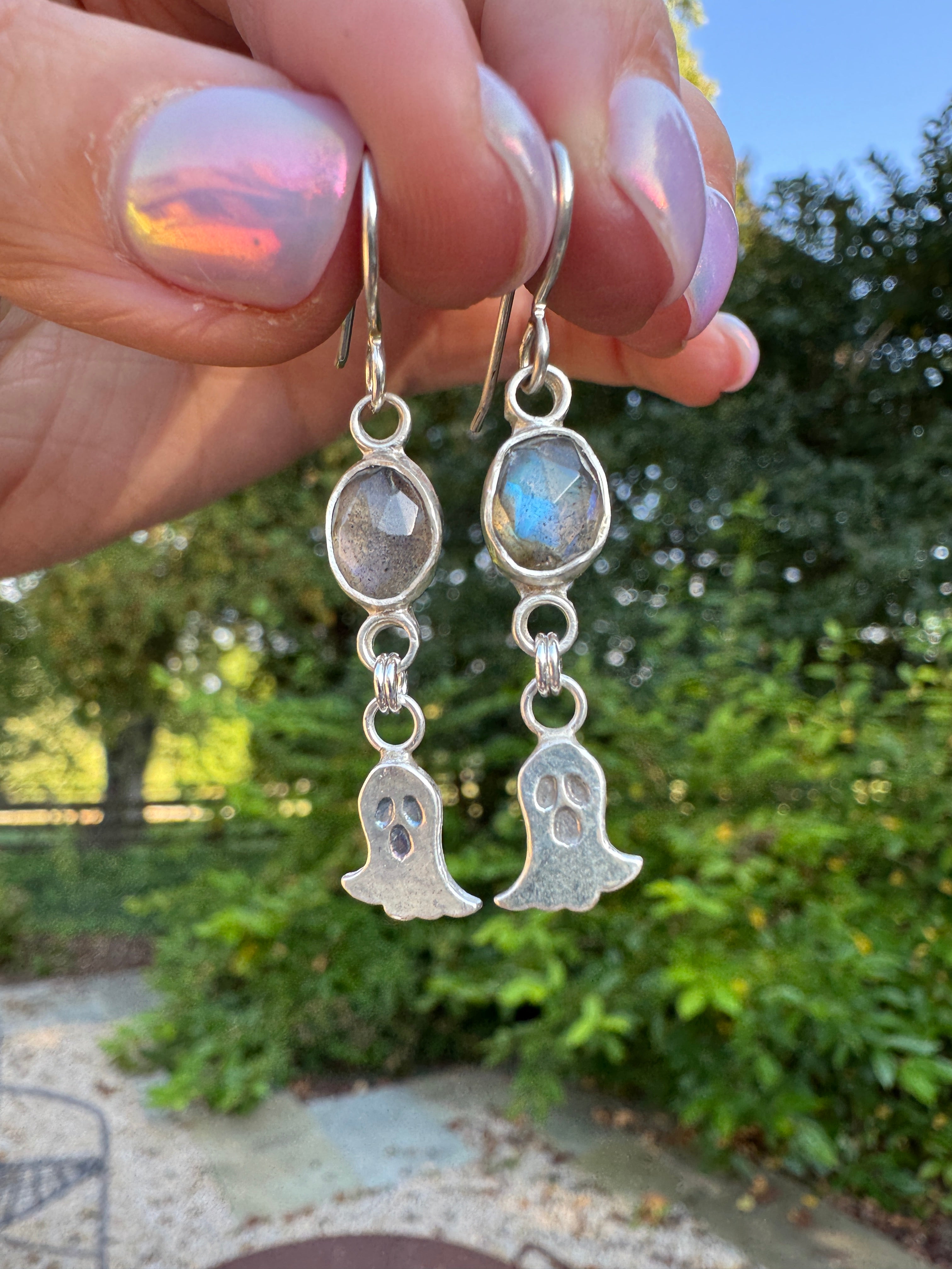 Sterling silver ghost earrings with labradorite. Halloween jewelry