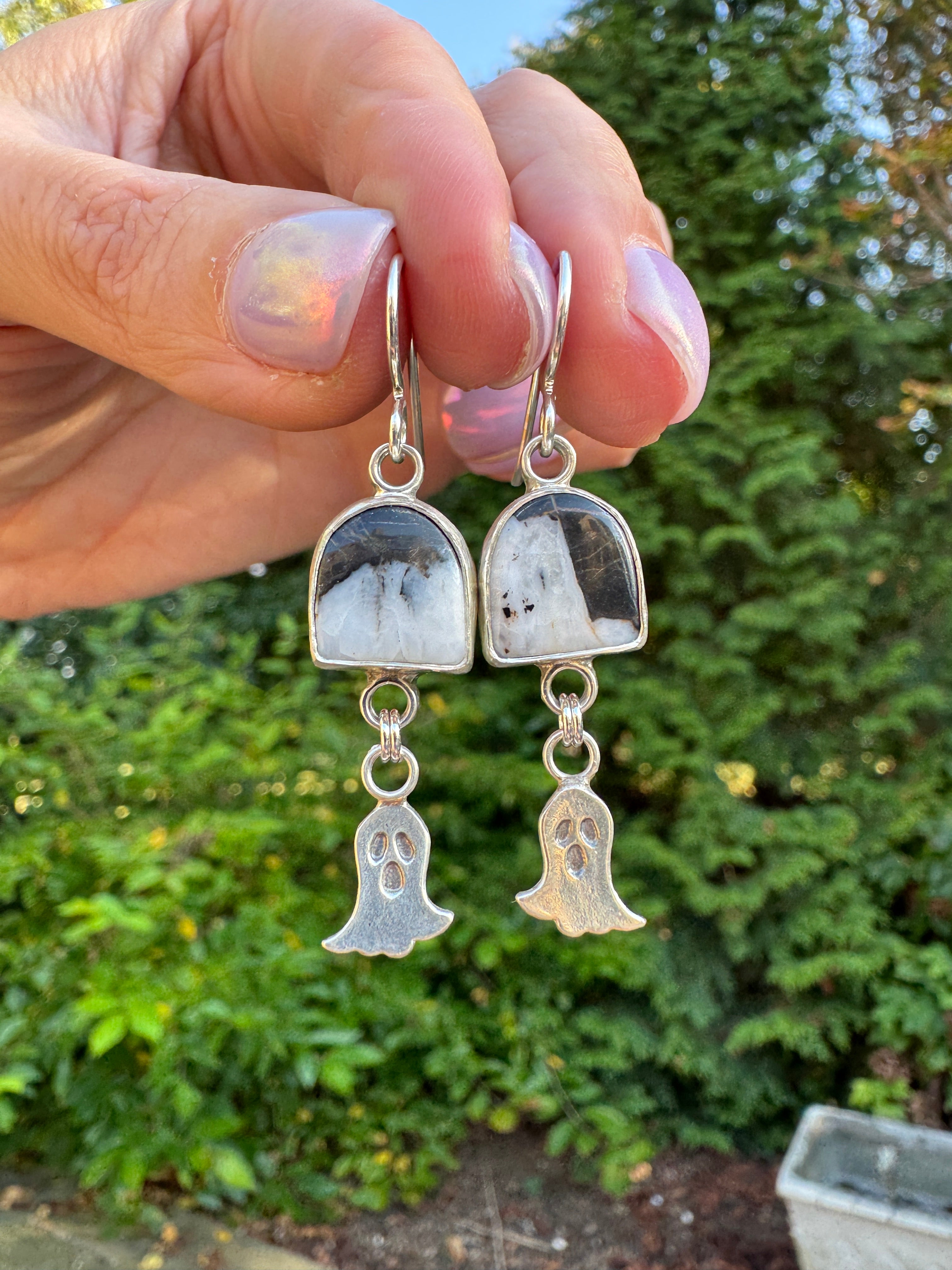 Sterling silver ghost earrings with white buffalo. Halloween jewelry