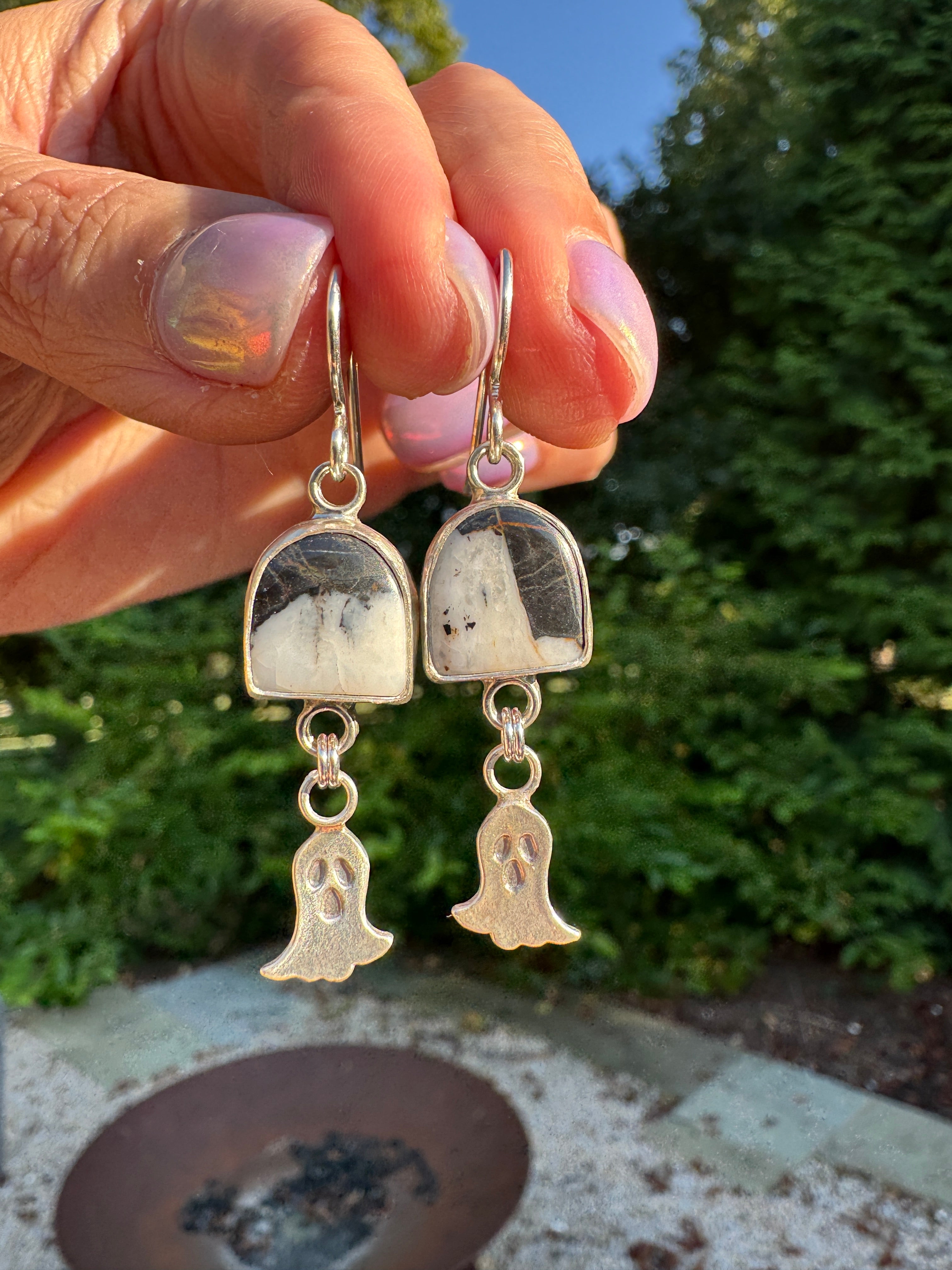 Sterling silver ghost earrings with white buffalo. Halloween jewelry