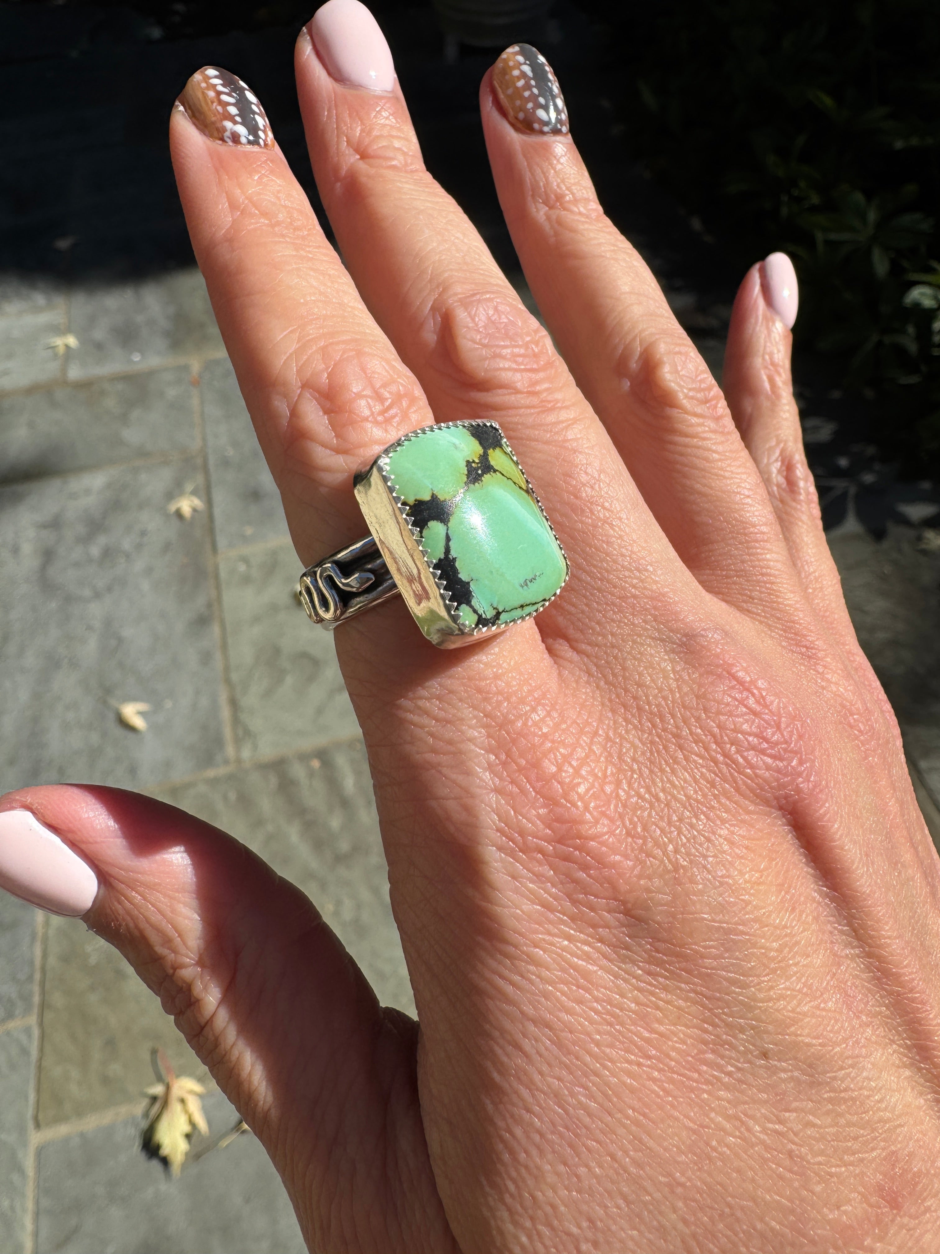 Americana ring. Southwest style turquoise with sterling silver snakes. Western rodeo cowboy style jewelry