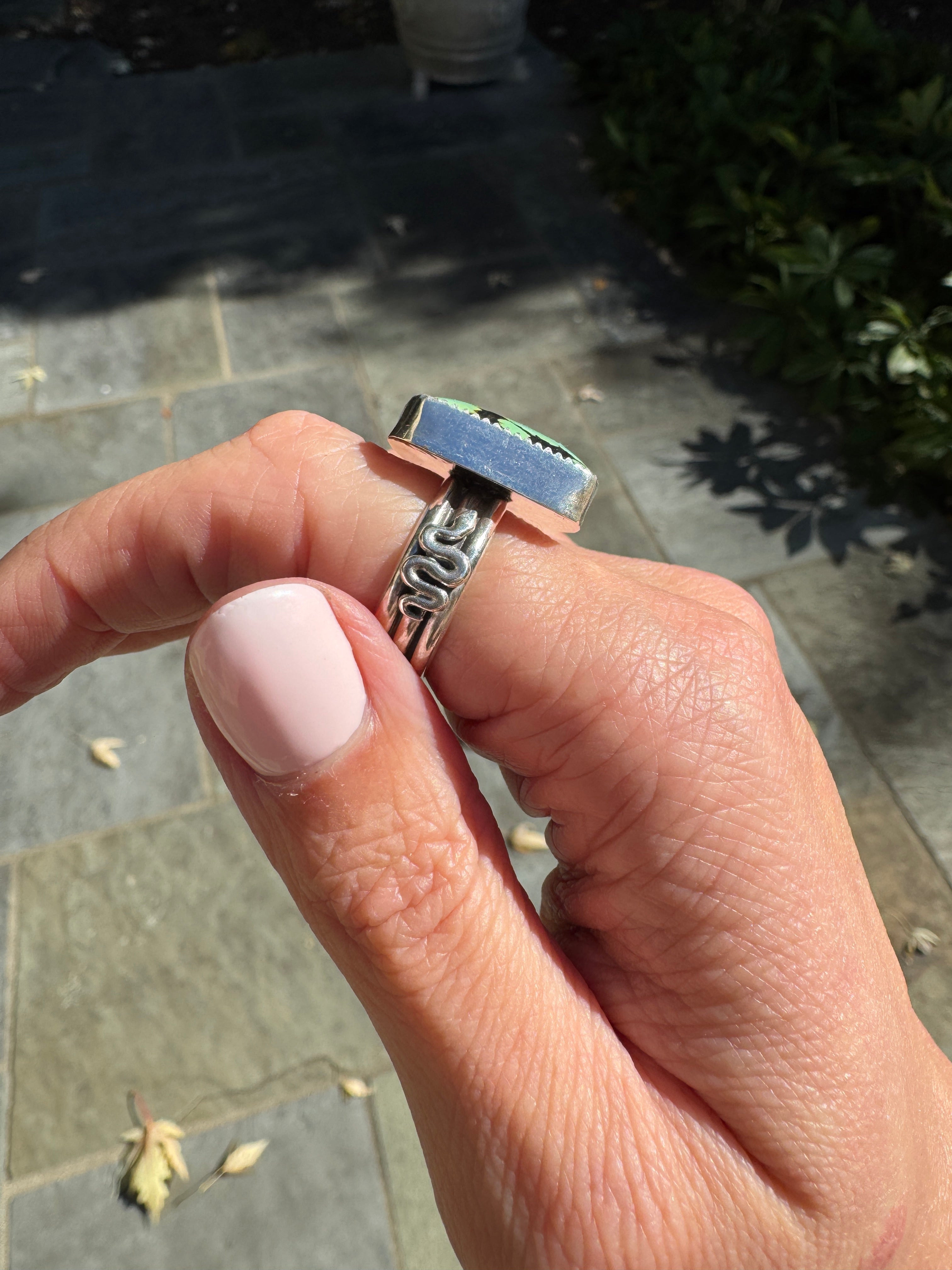 Americana ring. Southwest style turquoise with sterling silver snakes. Western rodeo cowboy style jewelry