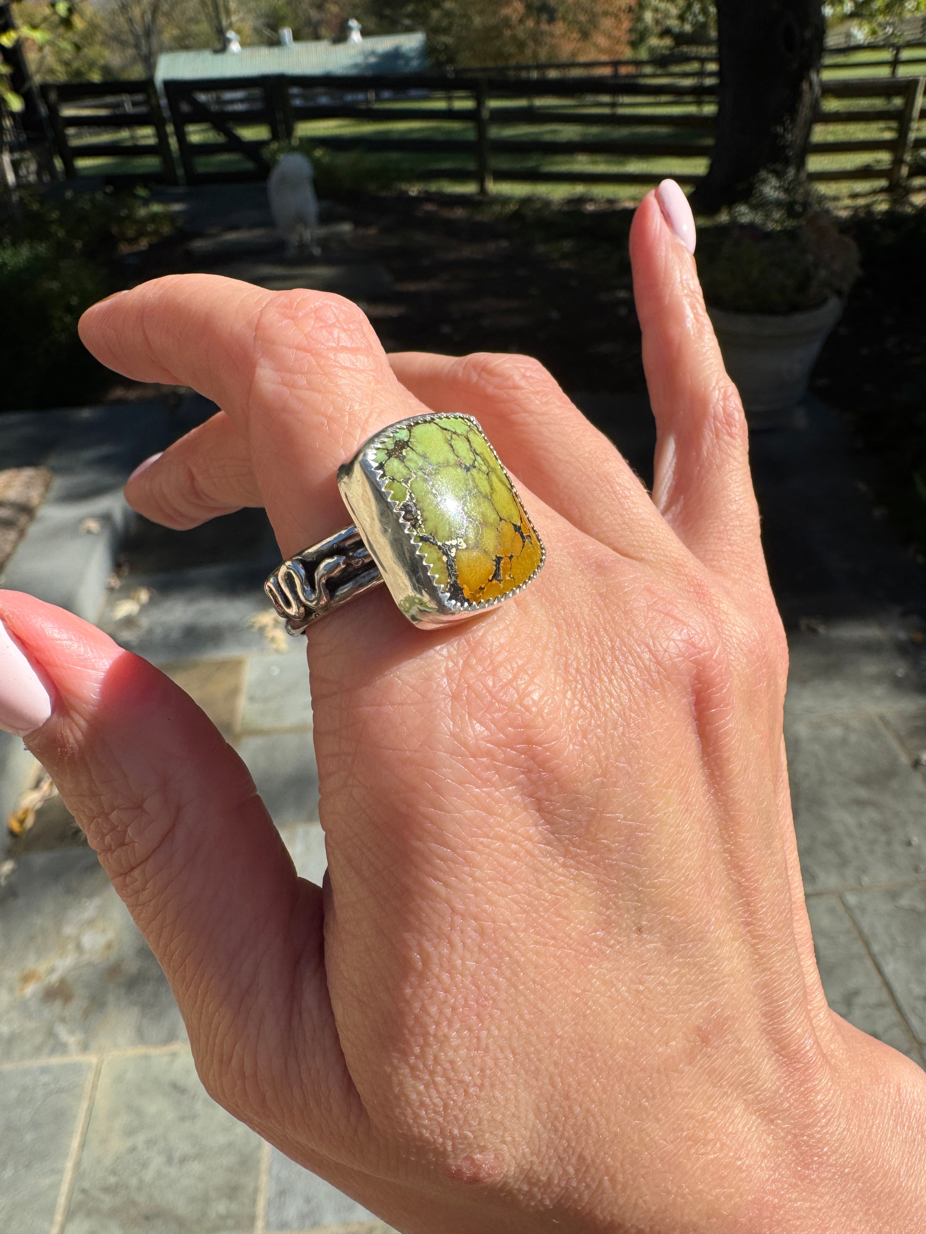Americana ring. Southwest style turquoise with sterling silver snakes. Western rodeo cowboy style jewelry