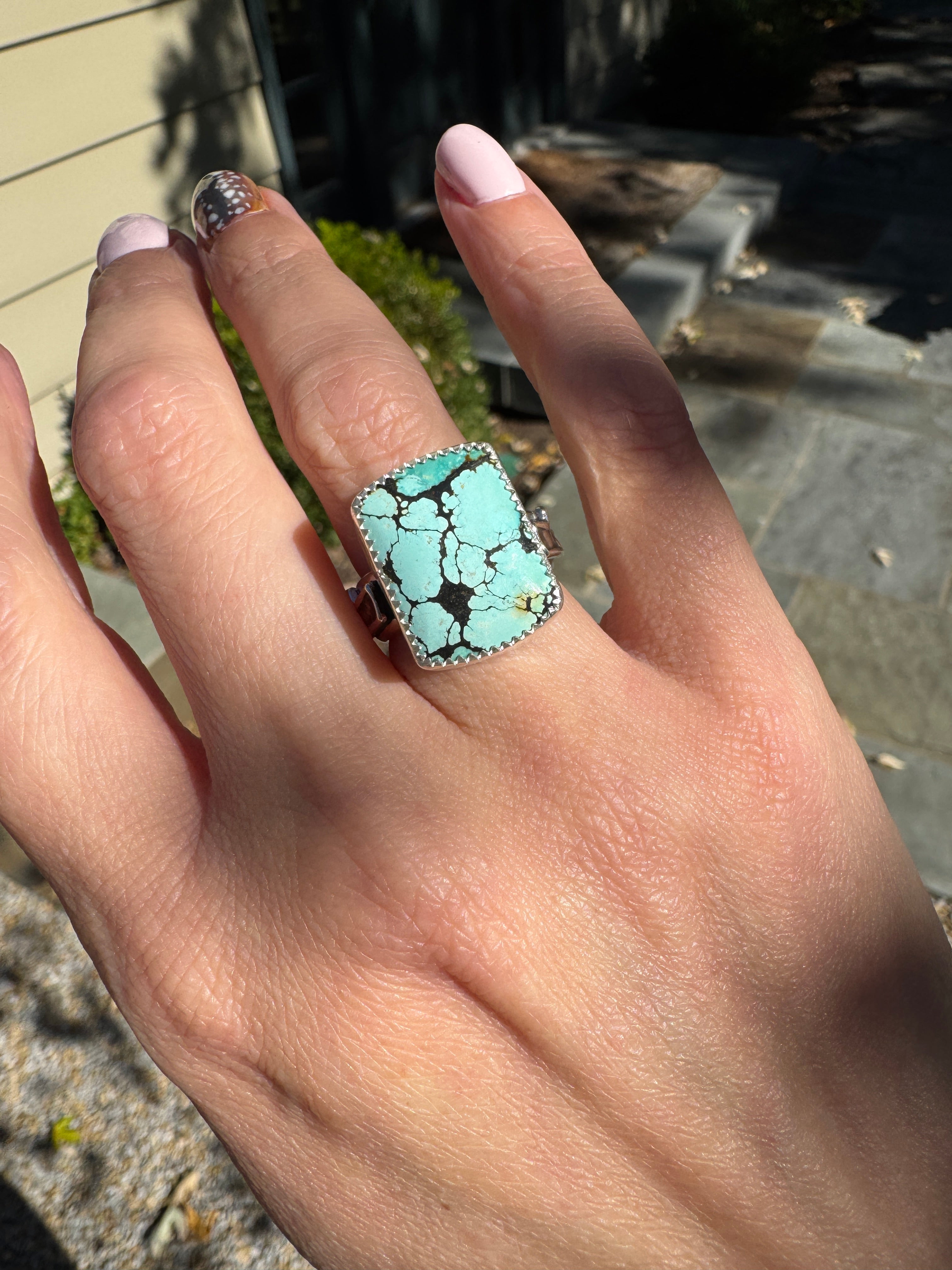 Americana ring. Southwest style turquoise with sterling silver lightning bolts. Western rodeo cowboy style jewelry