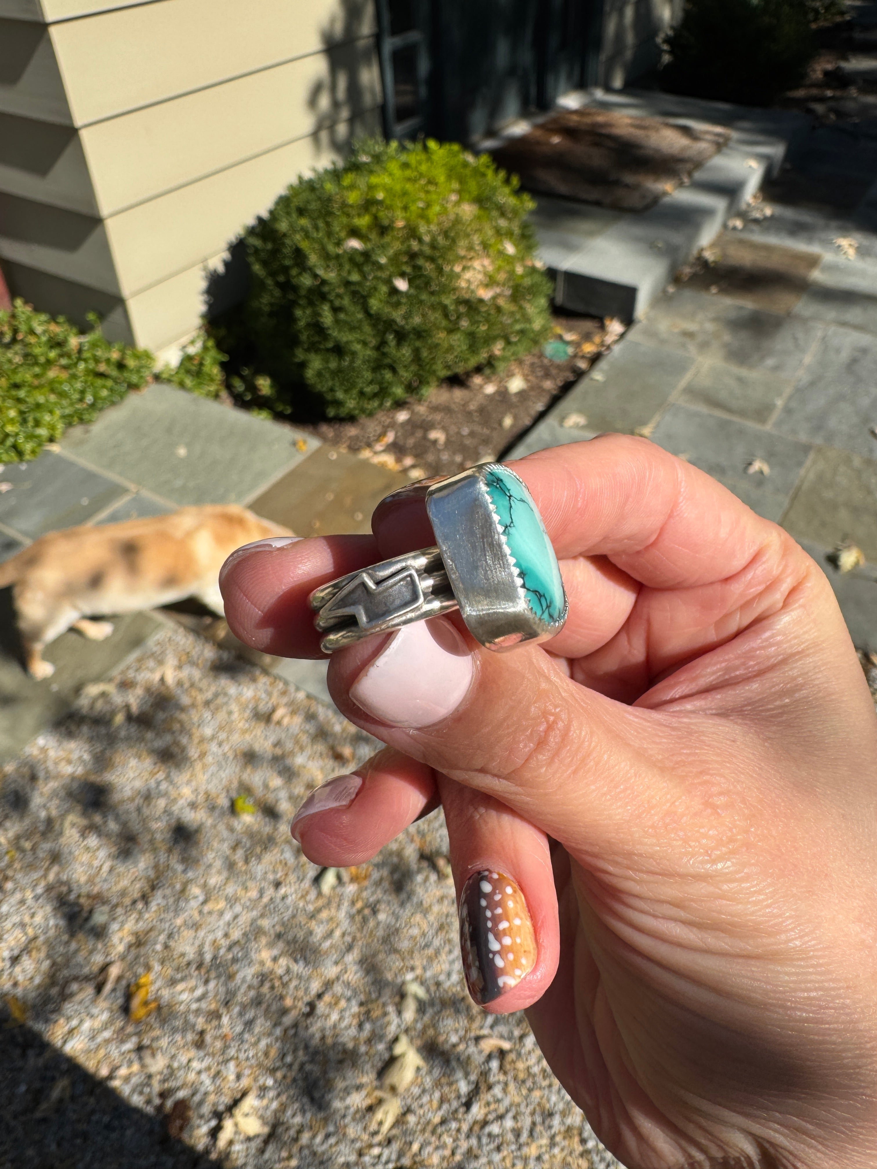 Americana ring. Southwest style turquoise with sterling silver lightning bolts. Western rodeo cowboy style jewelry