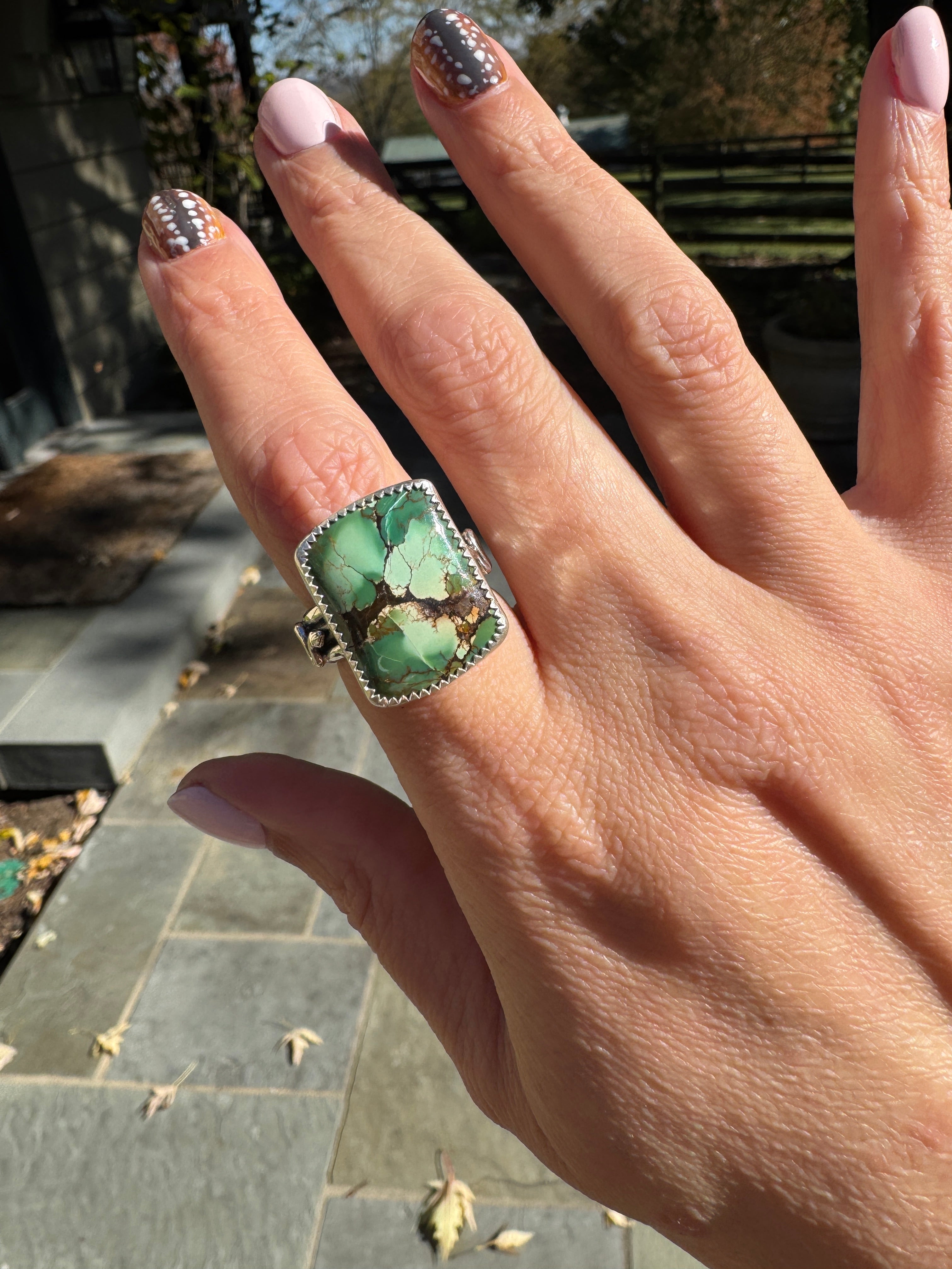 Americana ring. Southwest style turquoise with sterling silver snakes. Western rodeo cowboy style jewelry