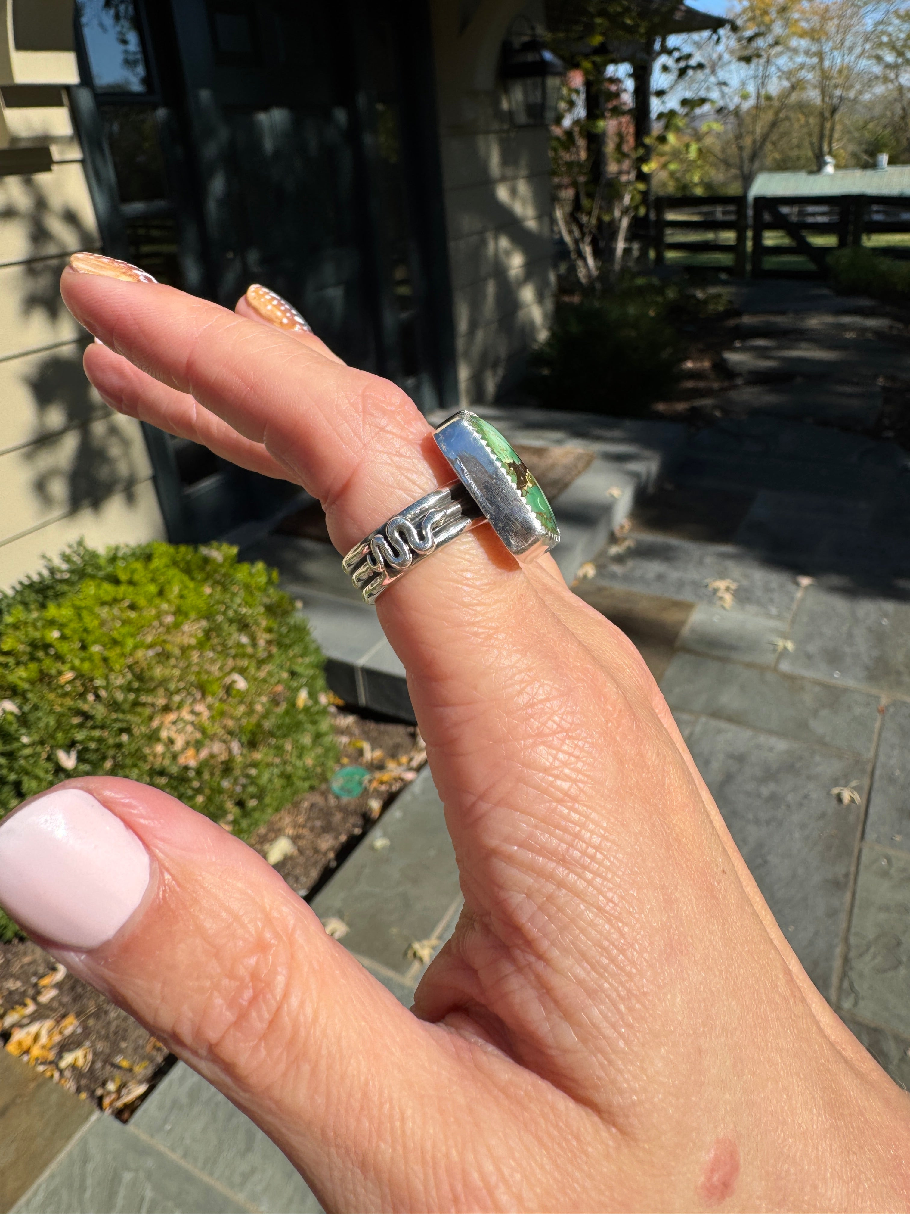 Americana ring. Southwest style turquoise with sterling silver snakes. Western rodeo cowboy style jewelry