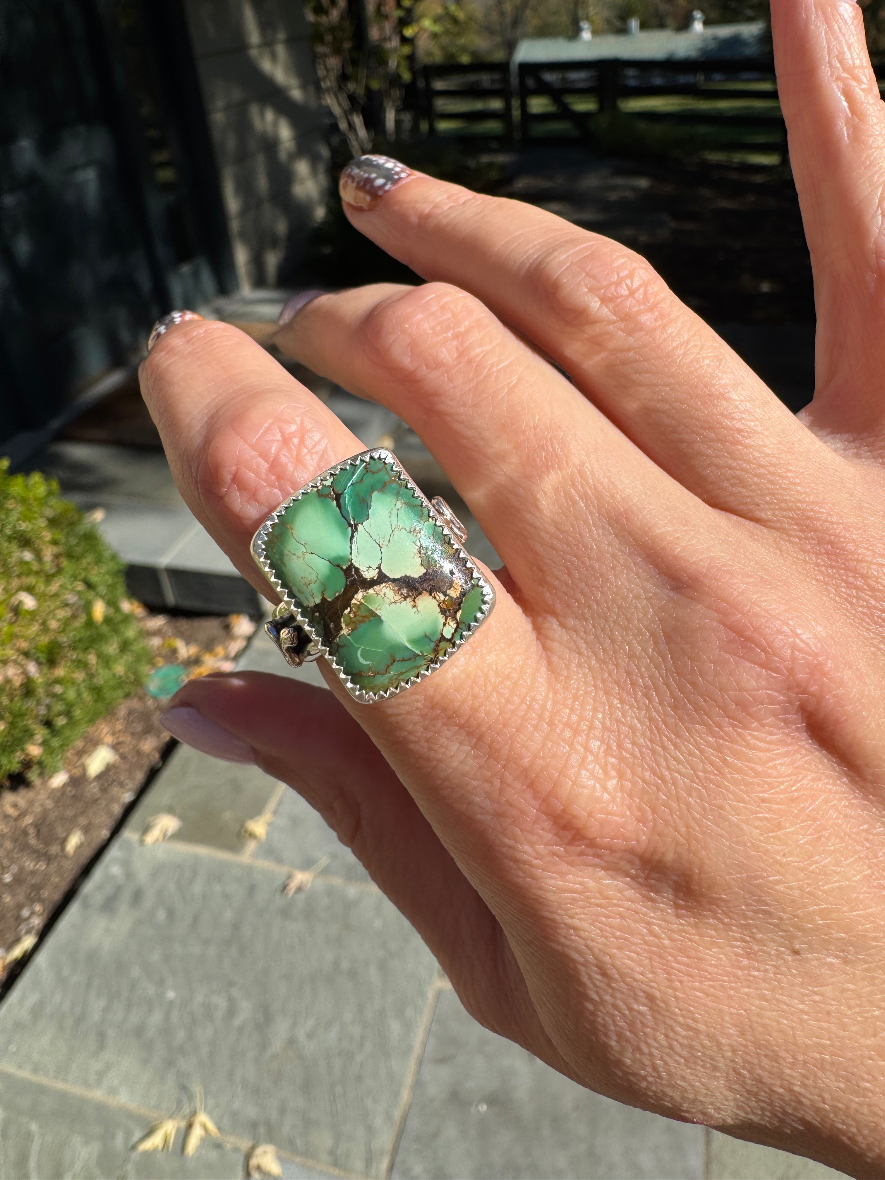 Americana ring. Southwest style turquoise with sterling silver snakes. Western rodeo cowboy style jewelry