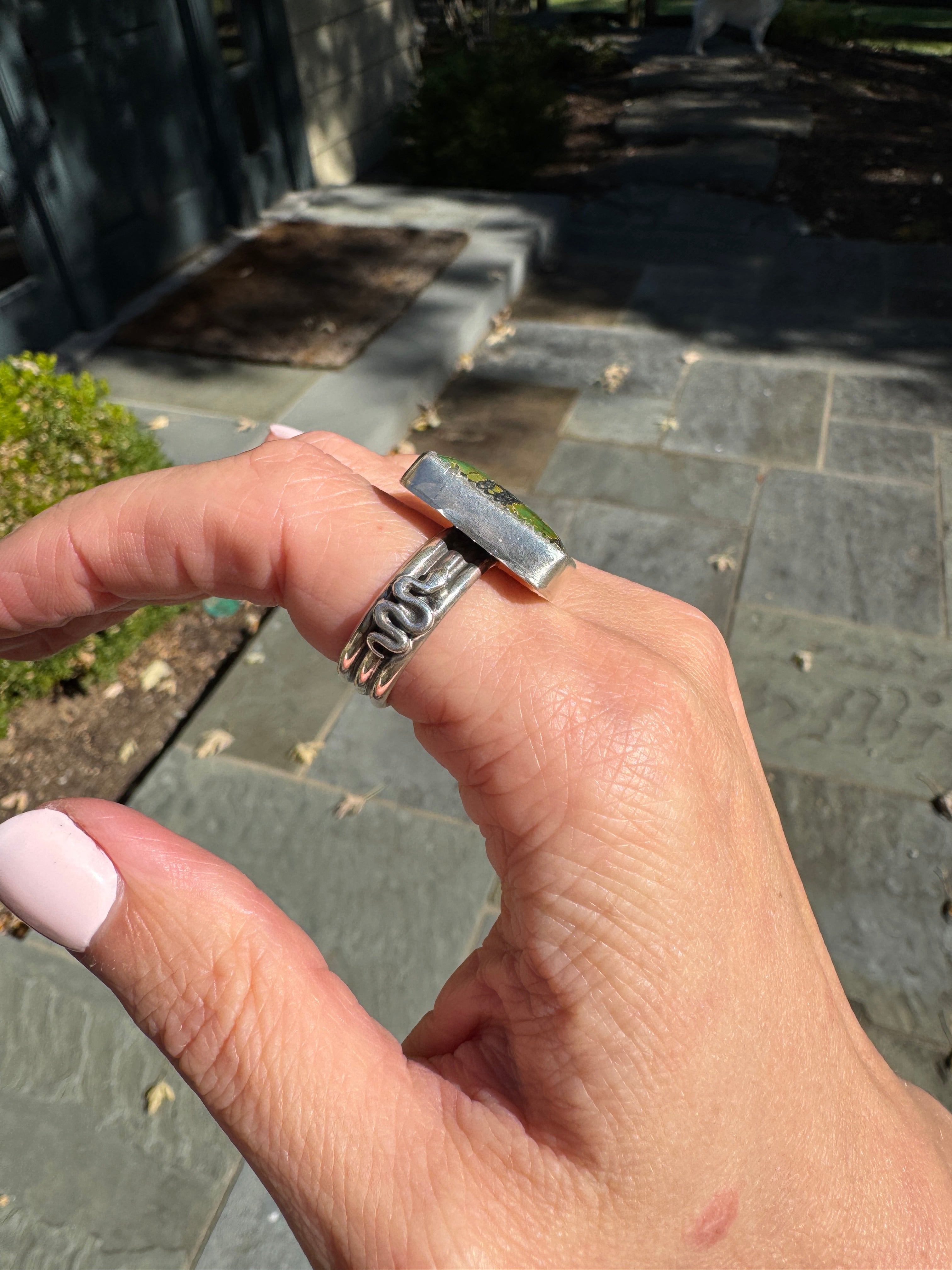 Americana ring. Southwest style turquoise with sterling silver snakes. Western rodeo cowboy style jewelry