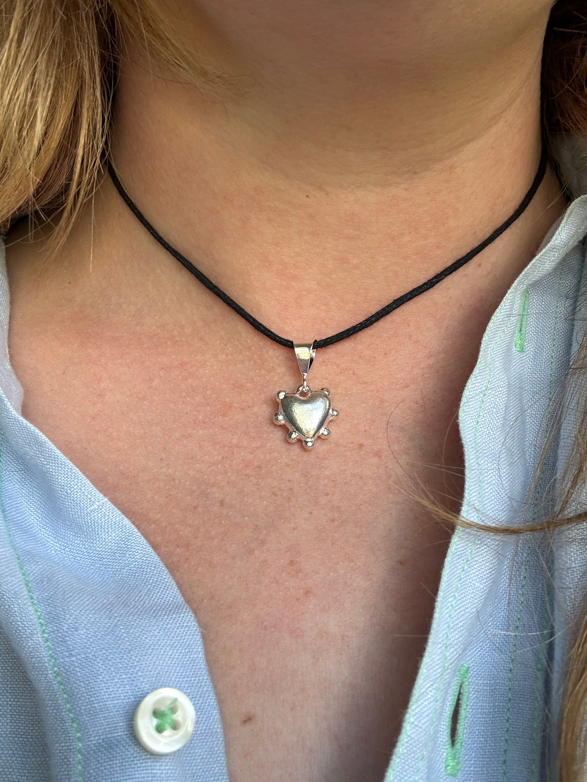 Thick sterling silver heart bordered with dots. This heart is a casting from an original mold that I created out of wax. 