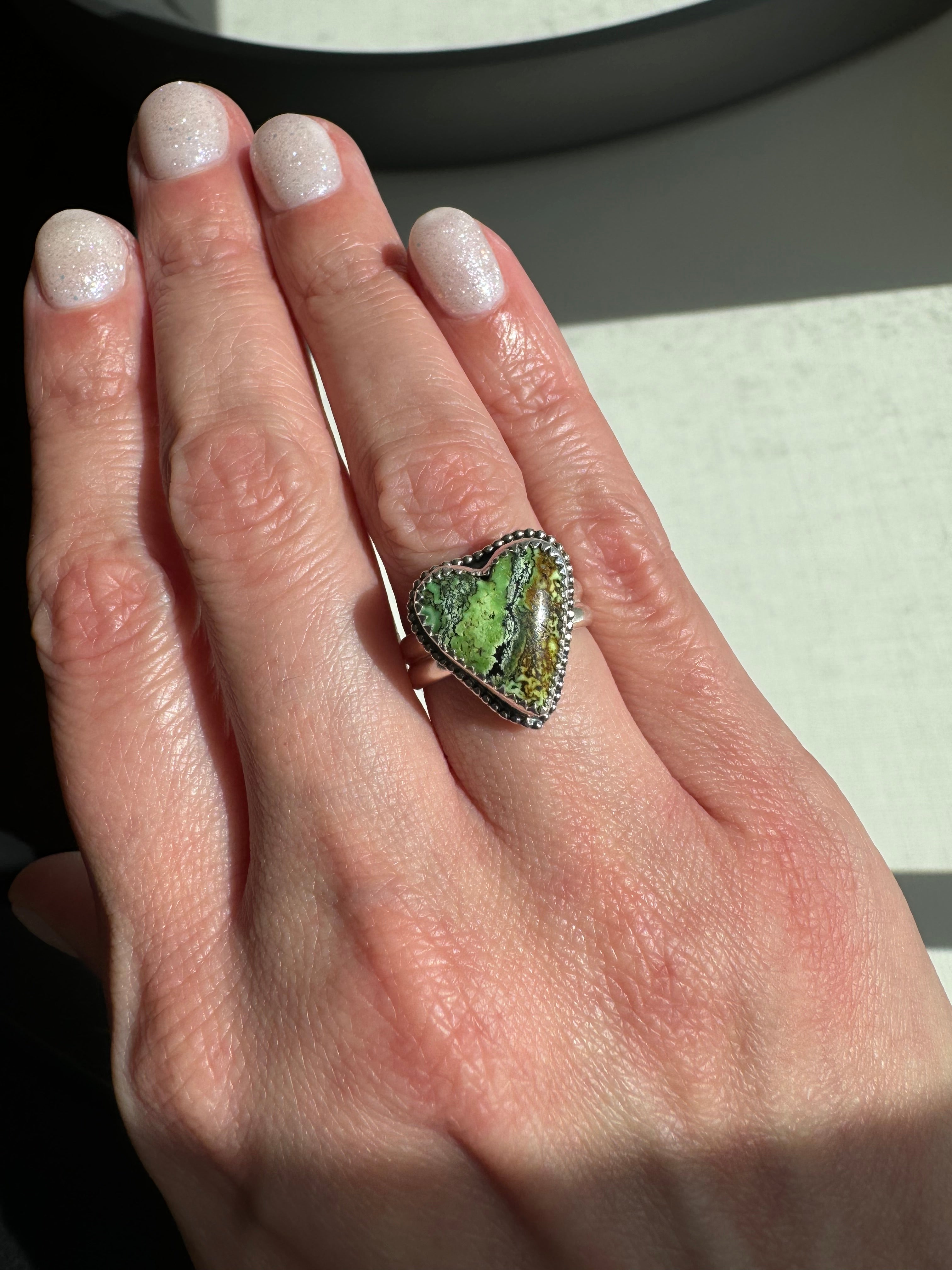 Turquoise Heart Ring with Beaded Border (Size 6.25)