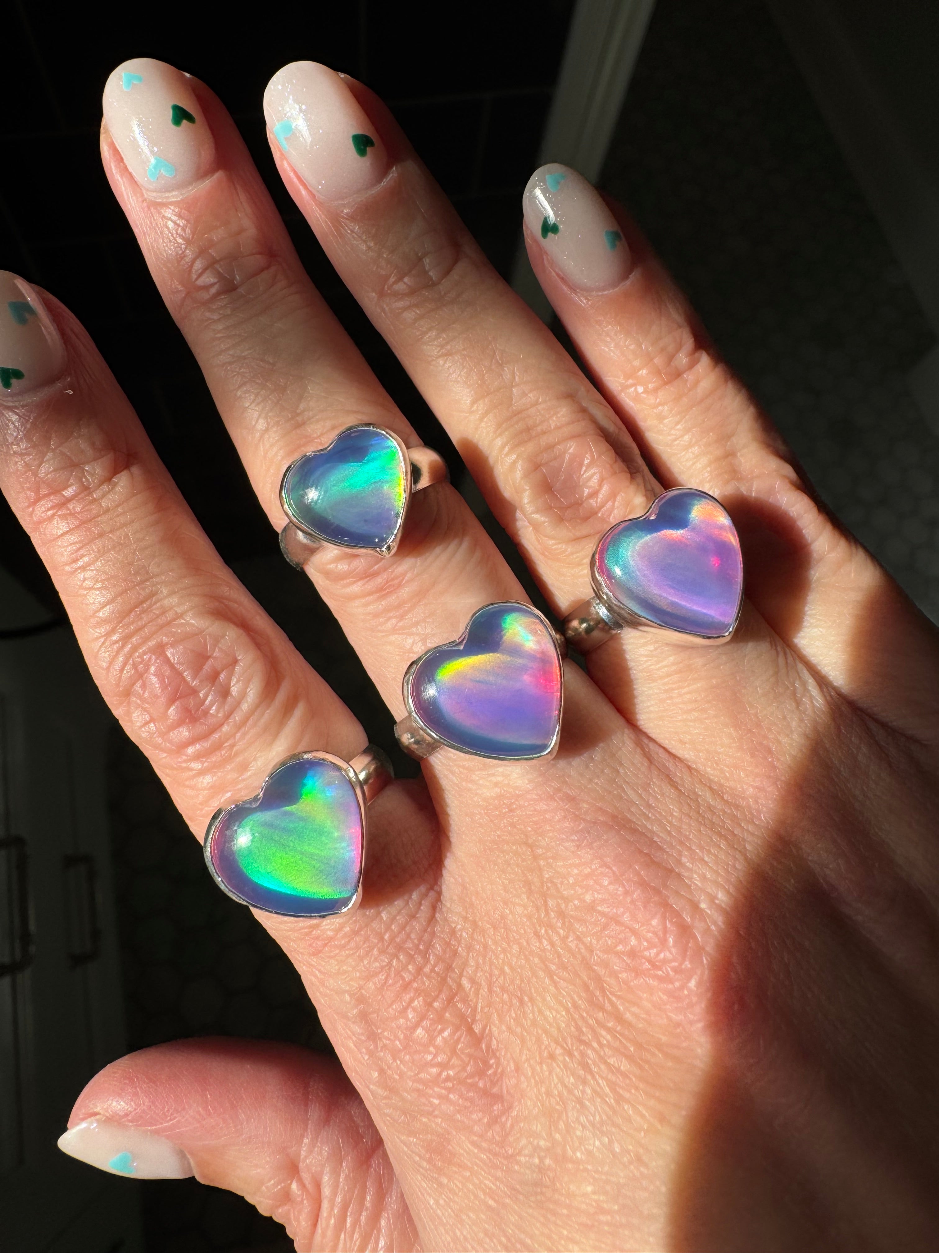 Sterling Silver Aurora Opal Heart Rings