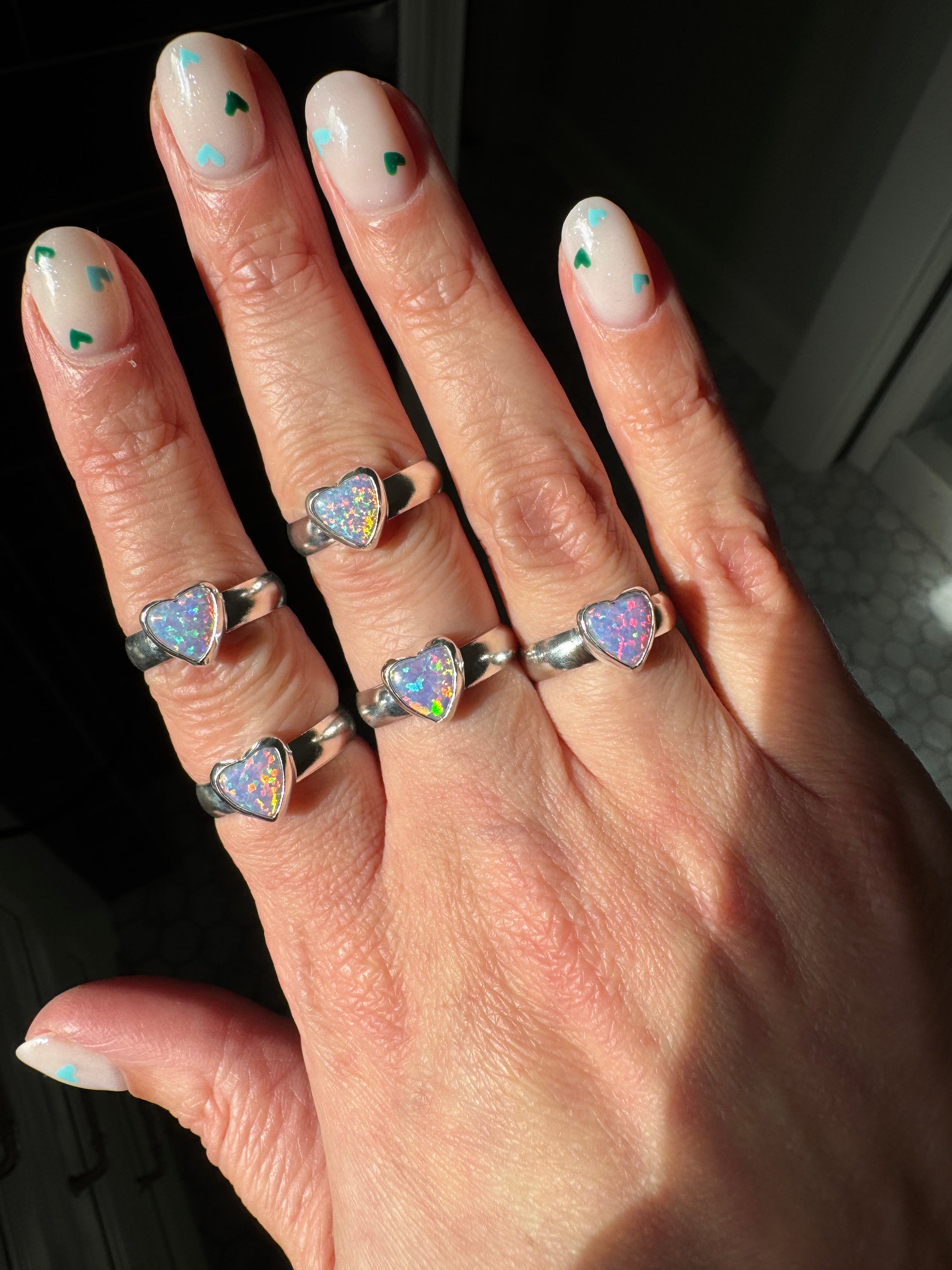 Sparkly Pink Opal Heart Rings