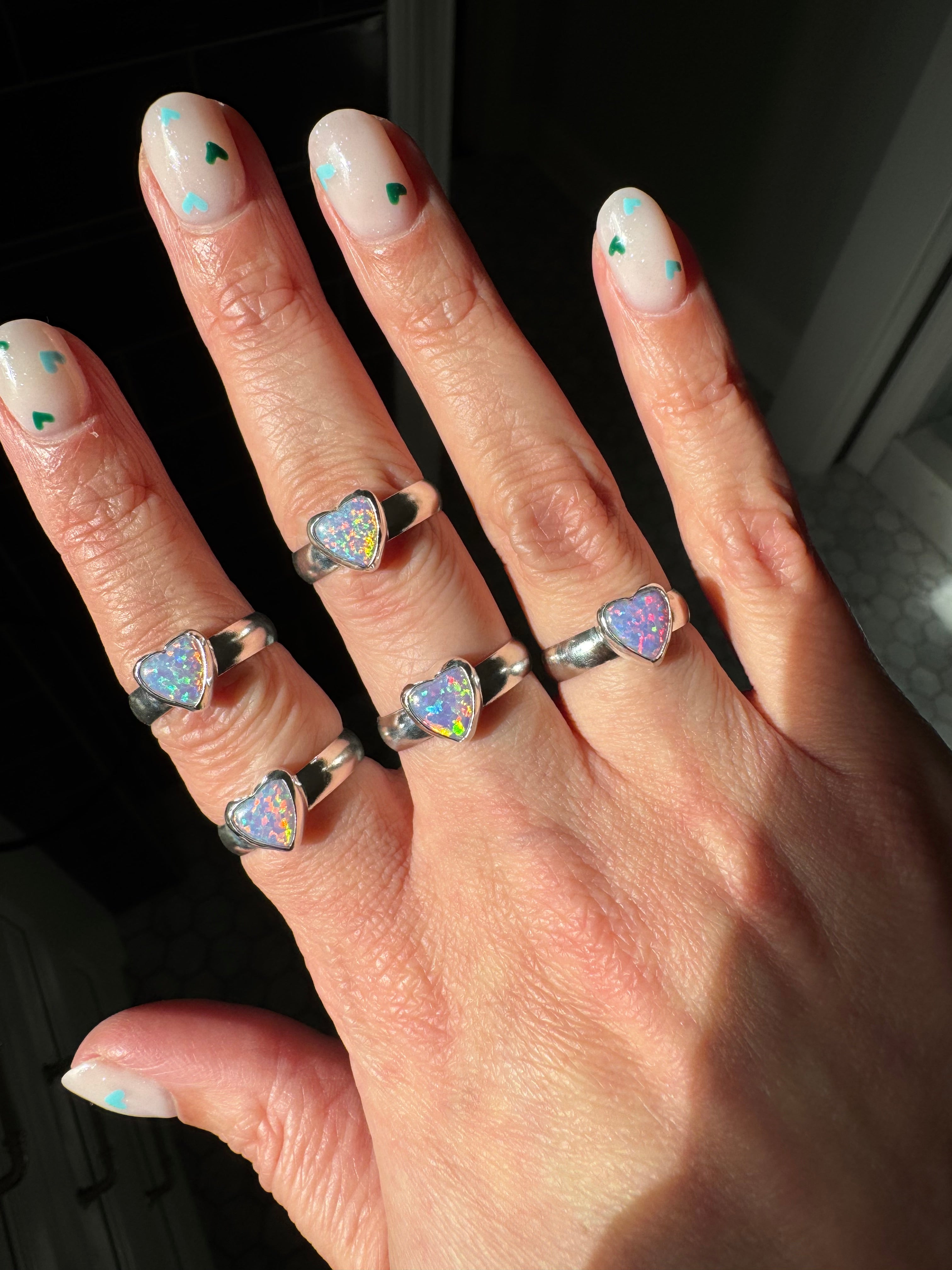 Sparkly Pink Opal Heart Rings