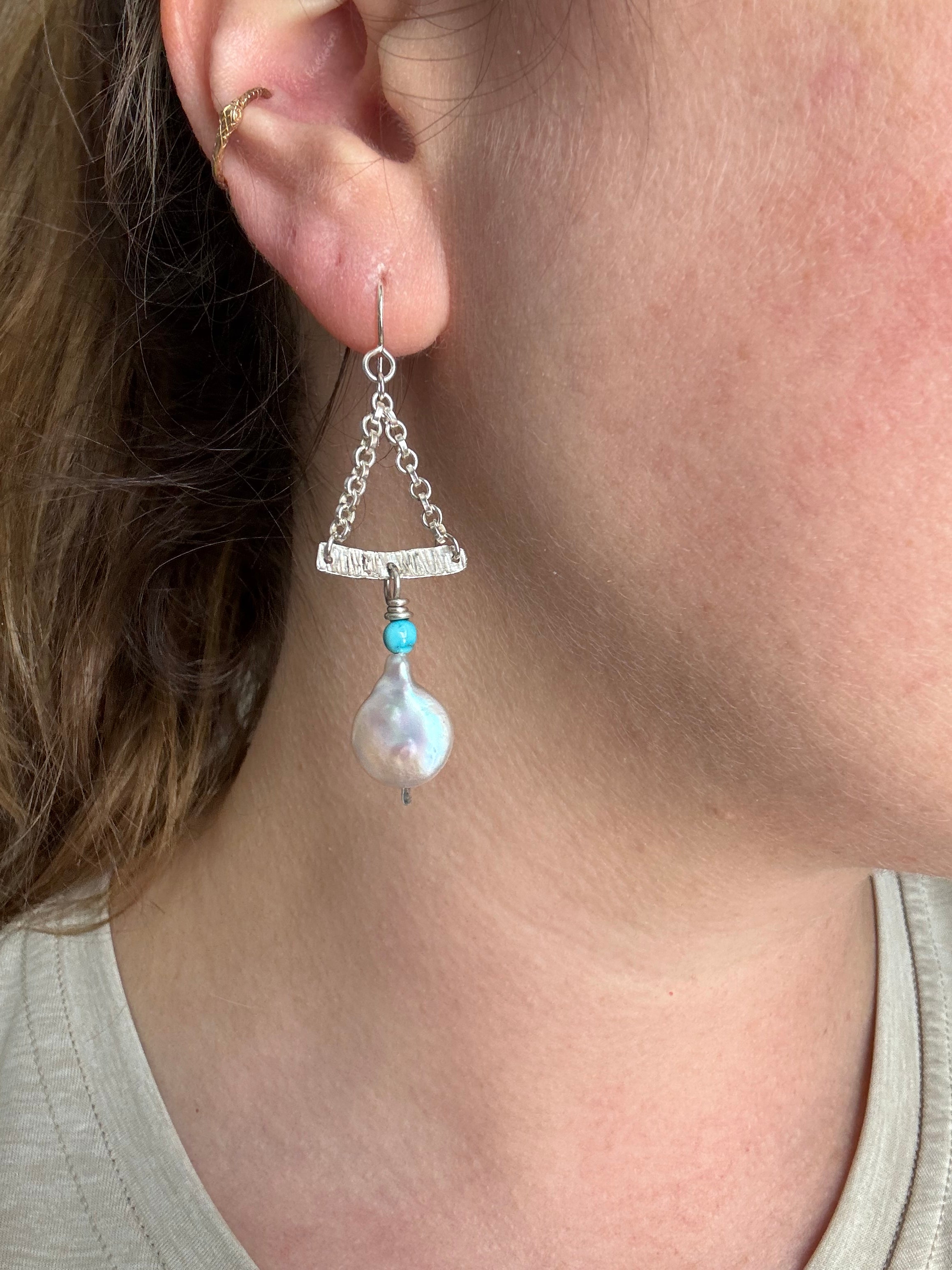 Sterling, Turquoise and Pearl Chain Earrings