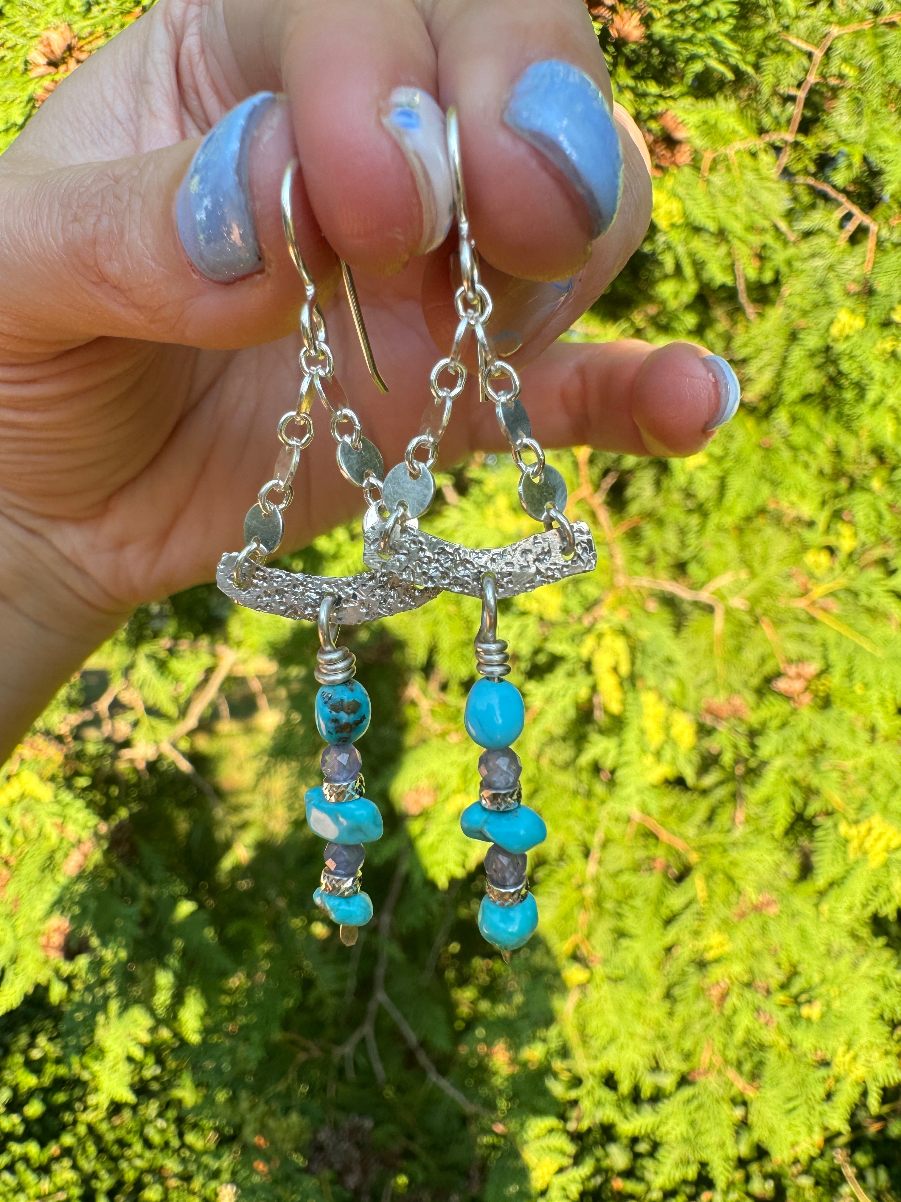 Sterling, Turquoise, and Tanzanite Chain Earrings