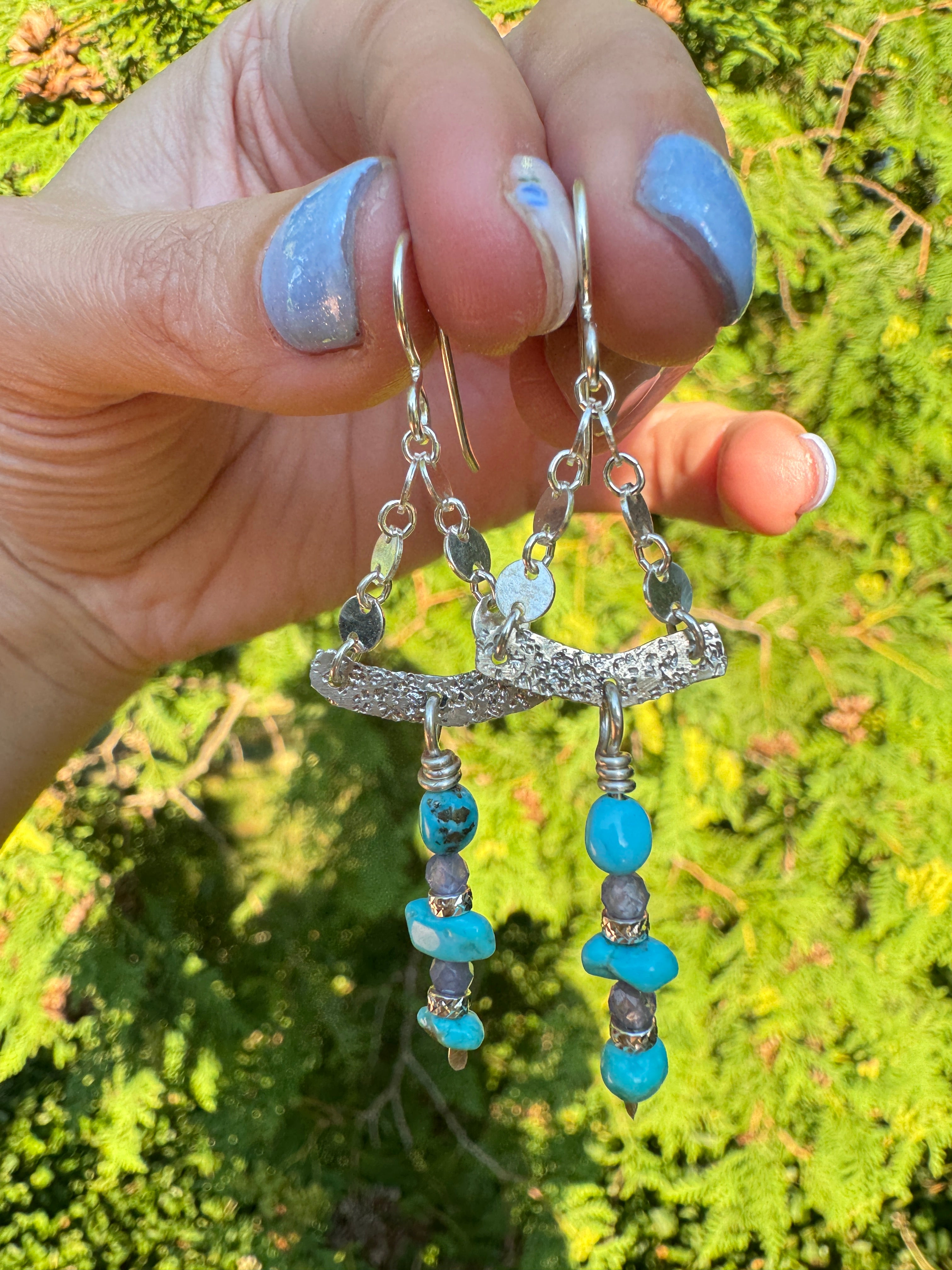 Sterling, Turquoise, and Tanzanite Chain Earrings