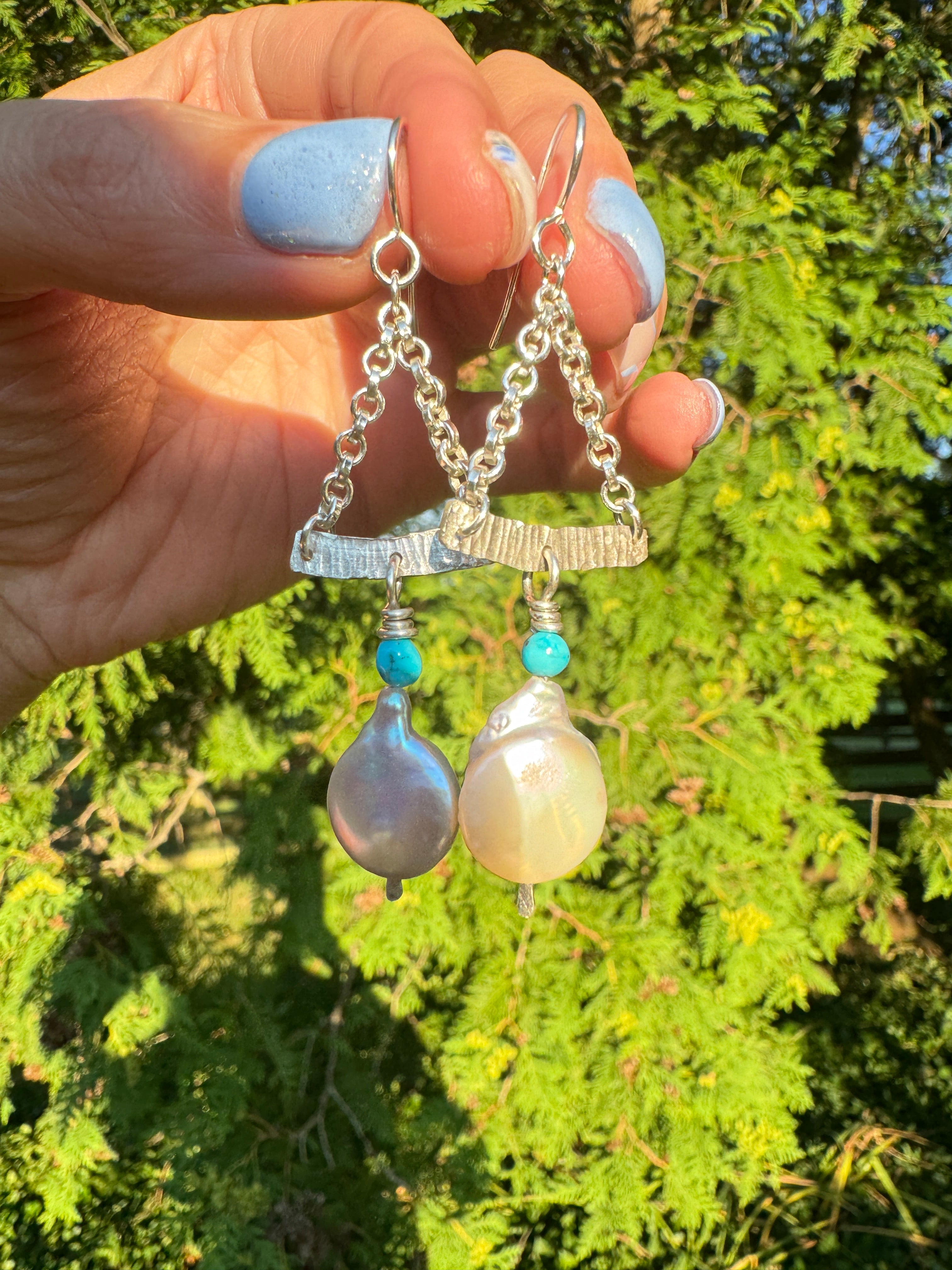 Sterling, Turquoise and Pearl Chain Earrings
