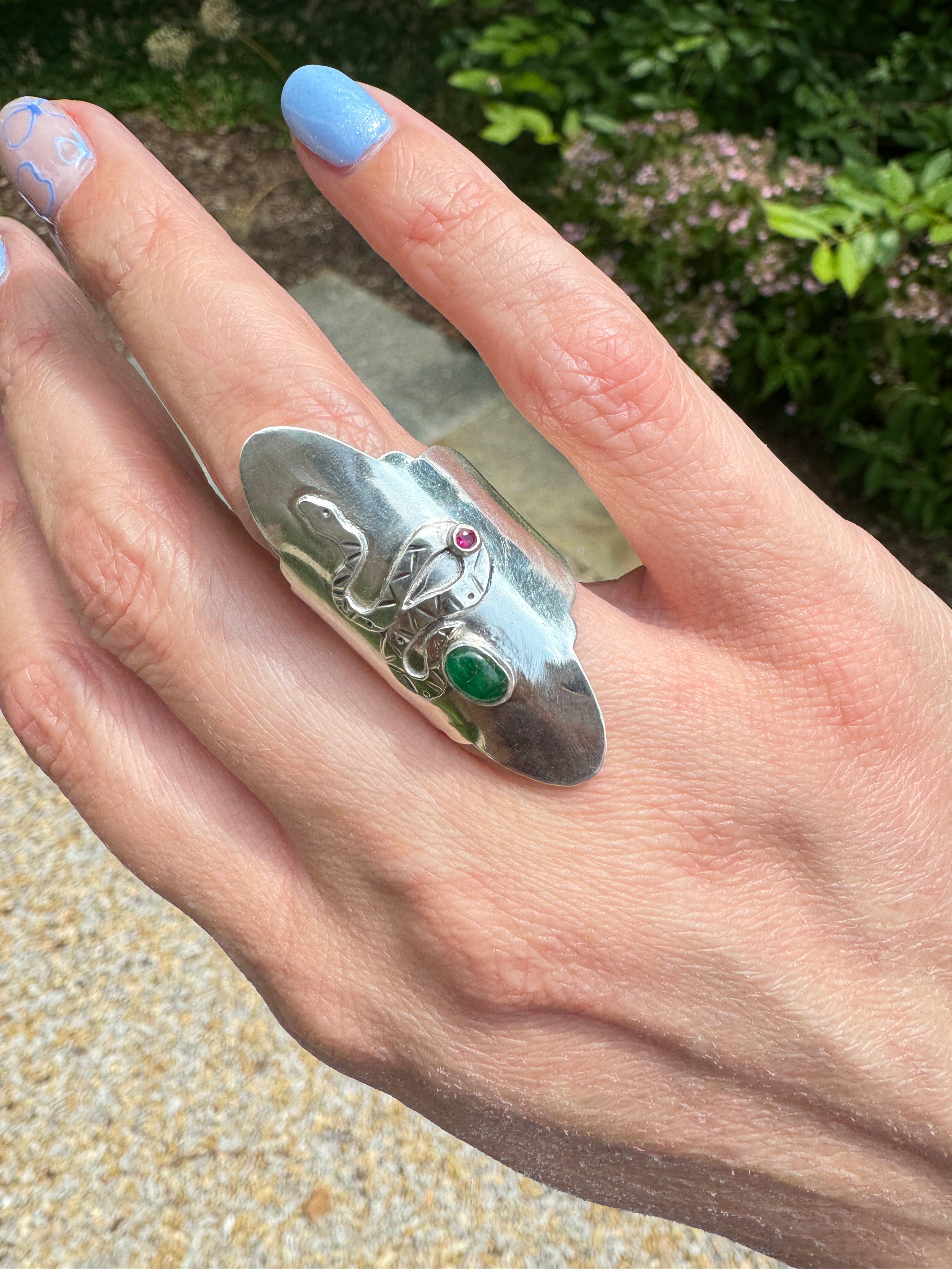 Sterling Silver Snake Ring with Emerald and Ruby (Size 6/6.5)
