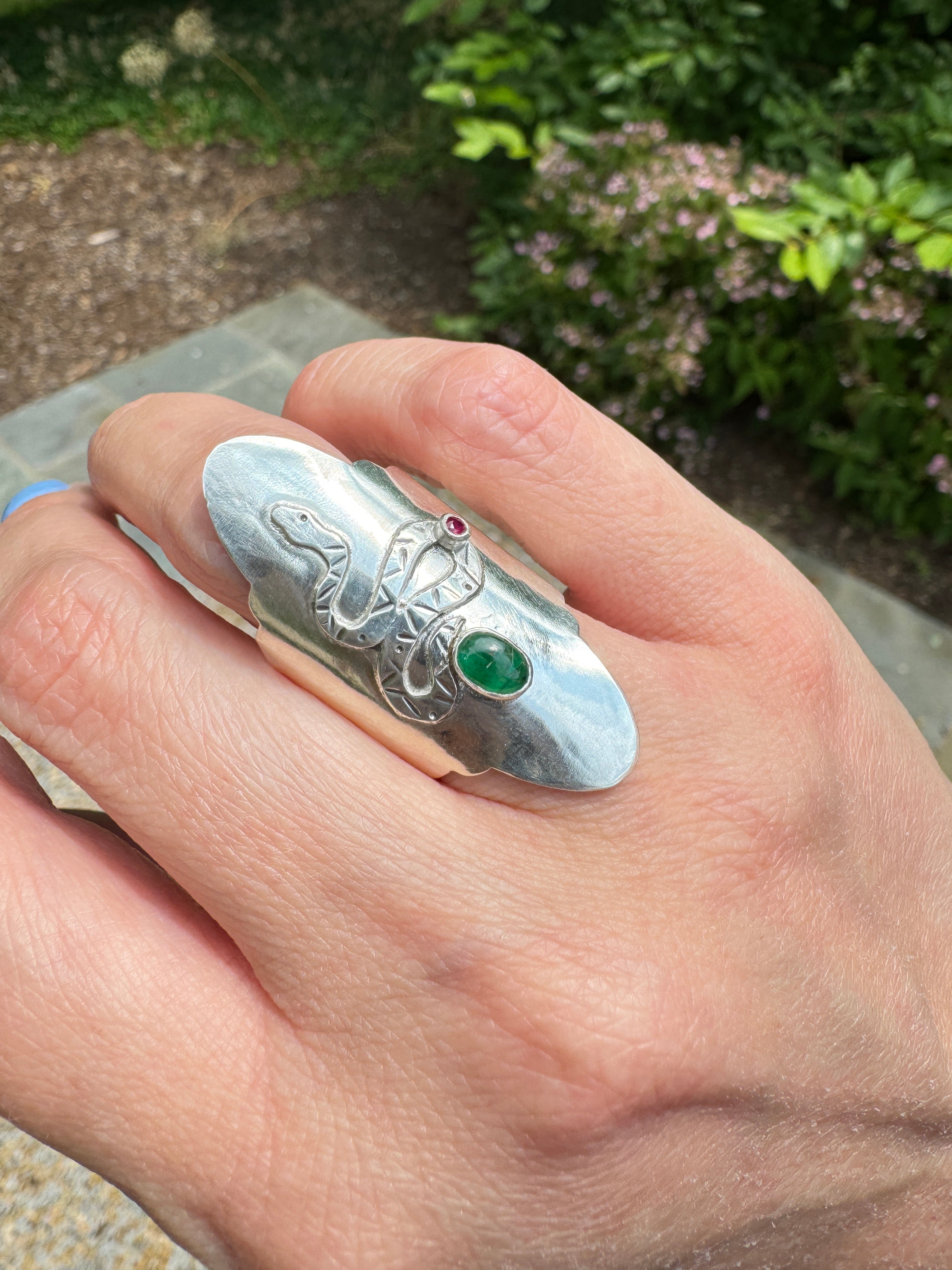 Sterling Silver Snake Ring with Emerald and Ruby (Size 6/6.5)