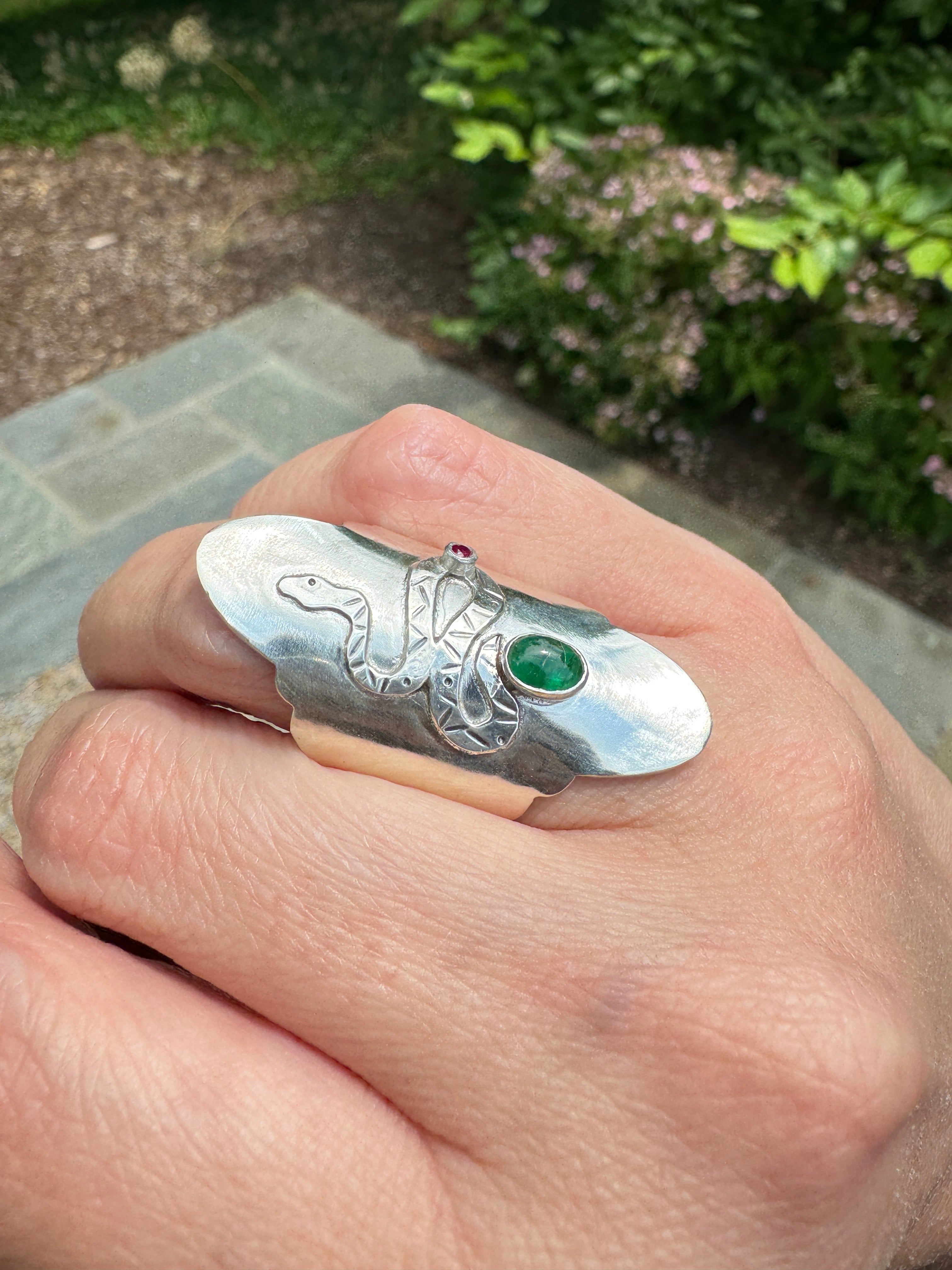Sterling Silver Snake Ring with Emerald and Ruby (Size 6/6.5)
