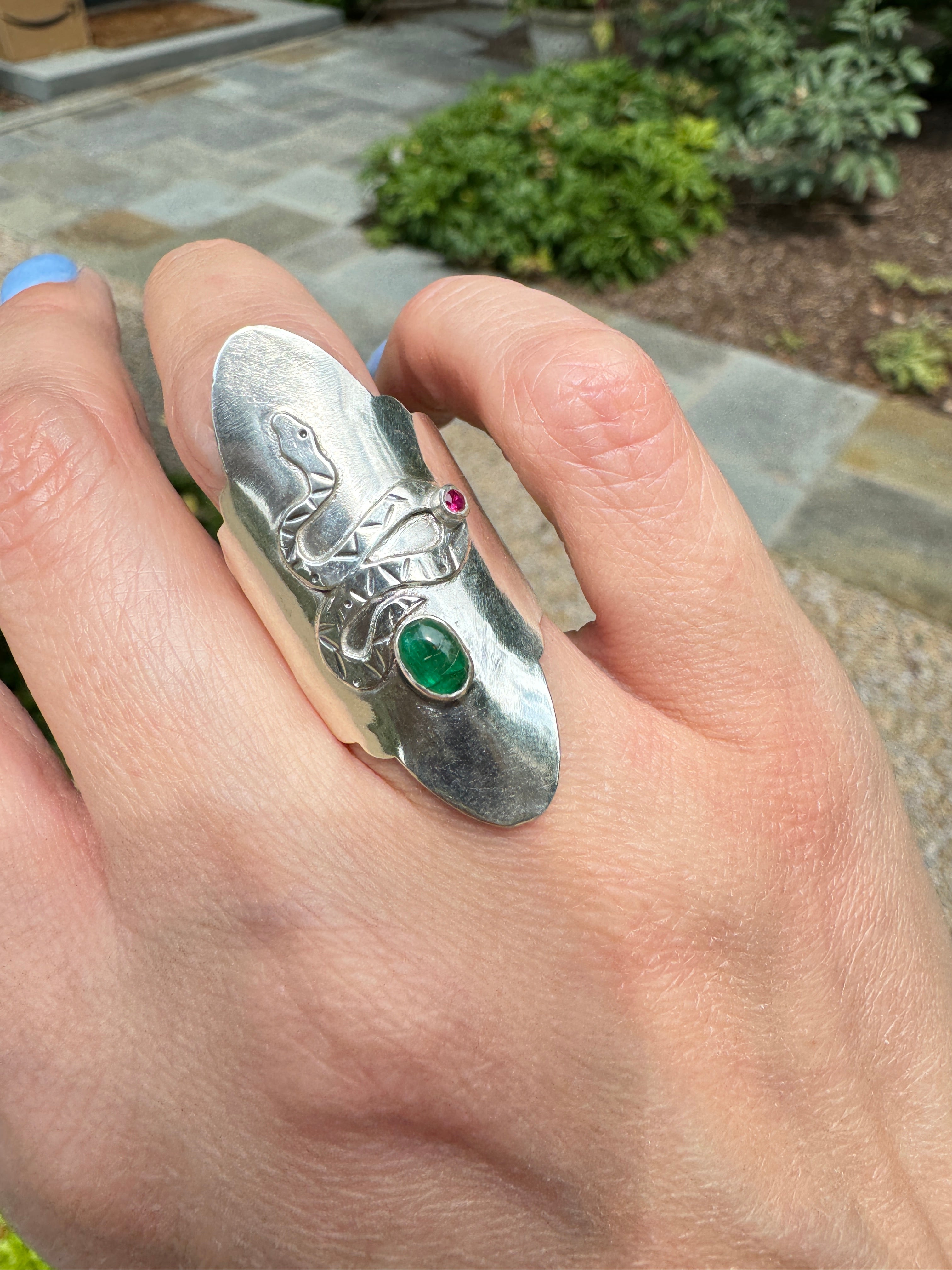 Sterling Silver Snake Ring with Emerald and Ruby (Size 6/6.5)