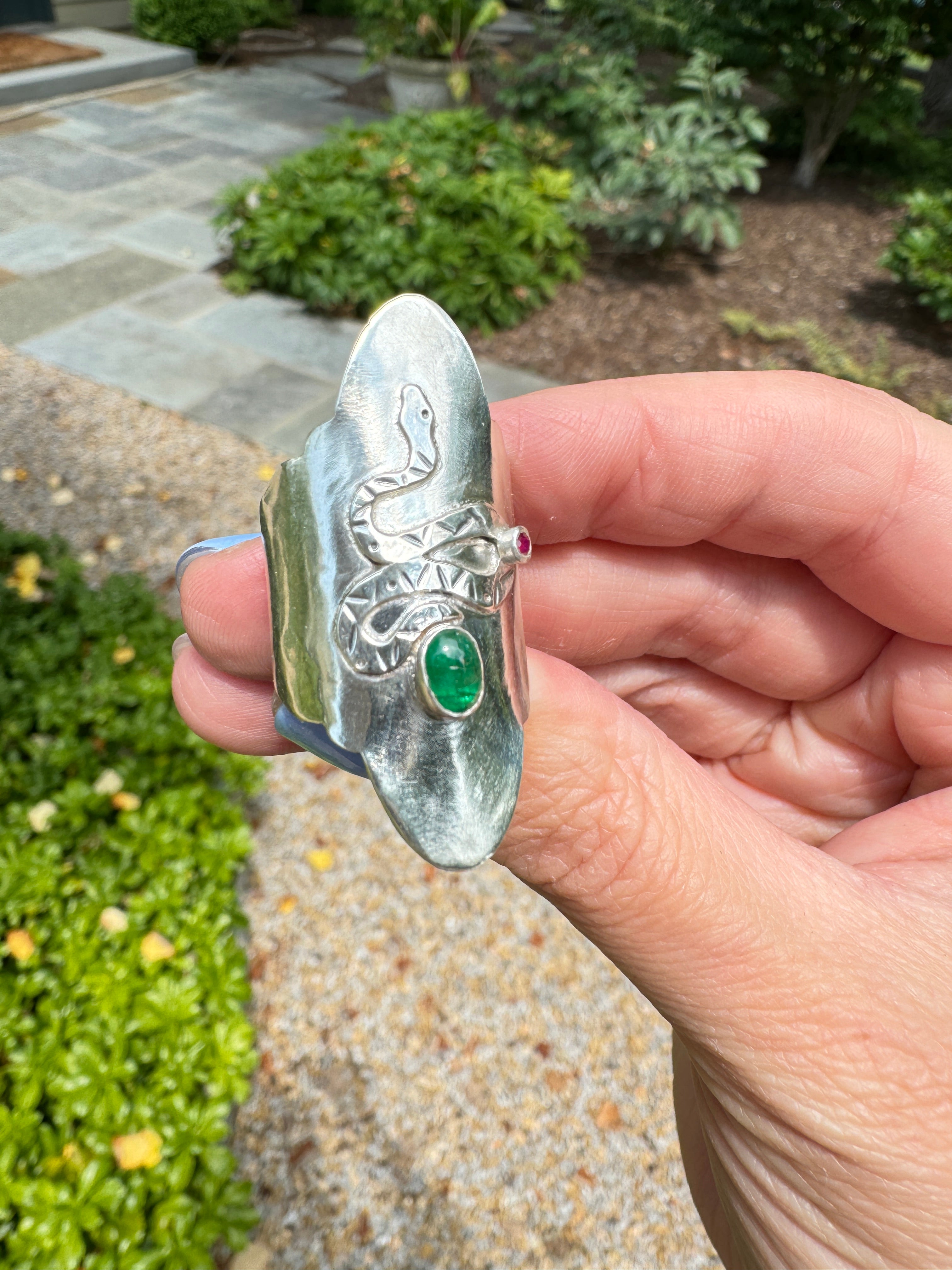 Sterling Silver Snake Ring with Emerald and Ruby (Size 6/6.5)